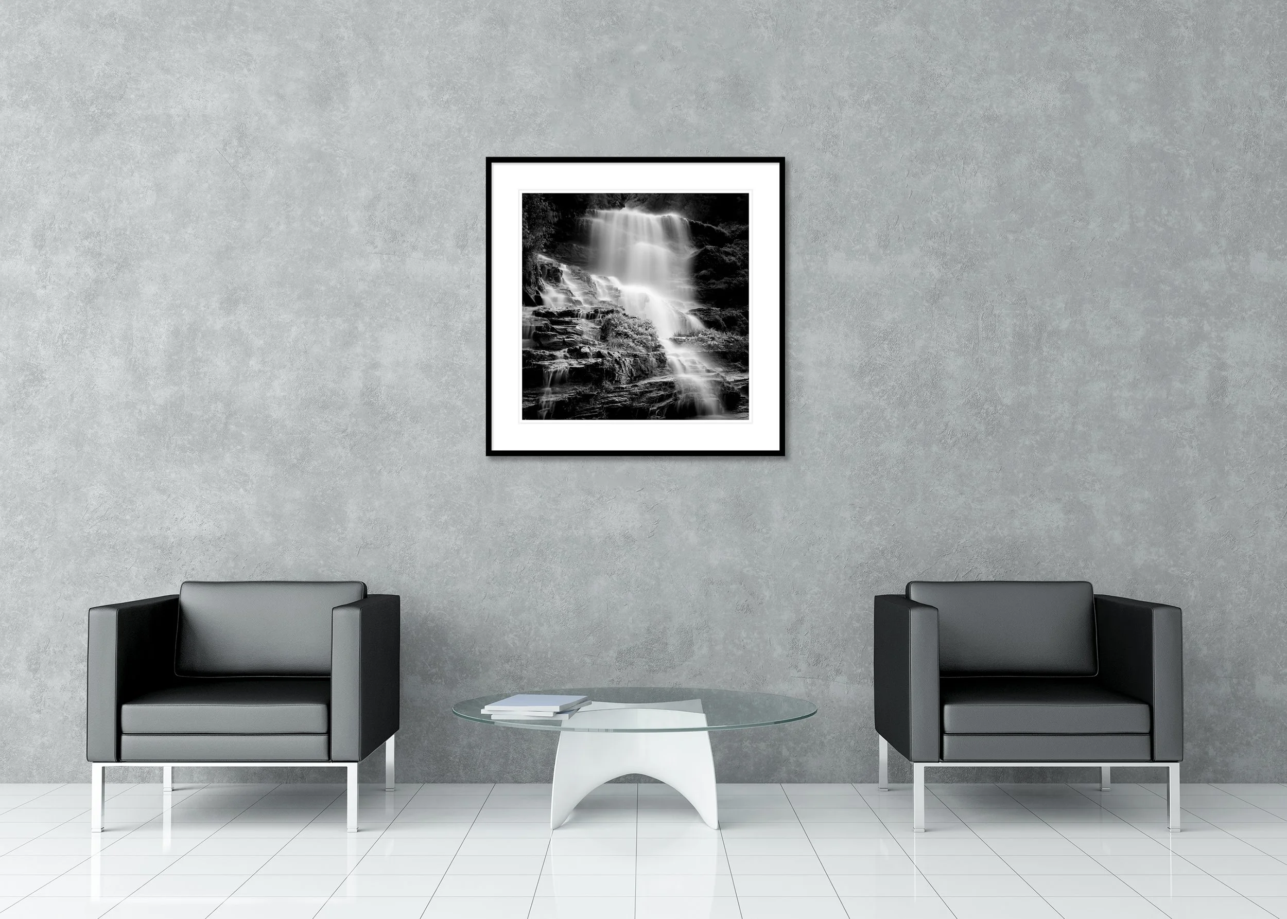 Black-and-white long-exposure waterfall archival pigment print in a classic frame with passe-partout.
