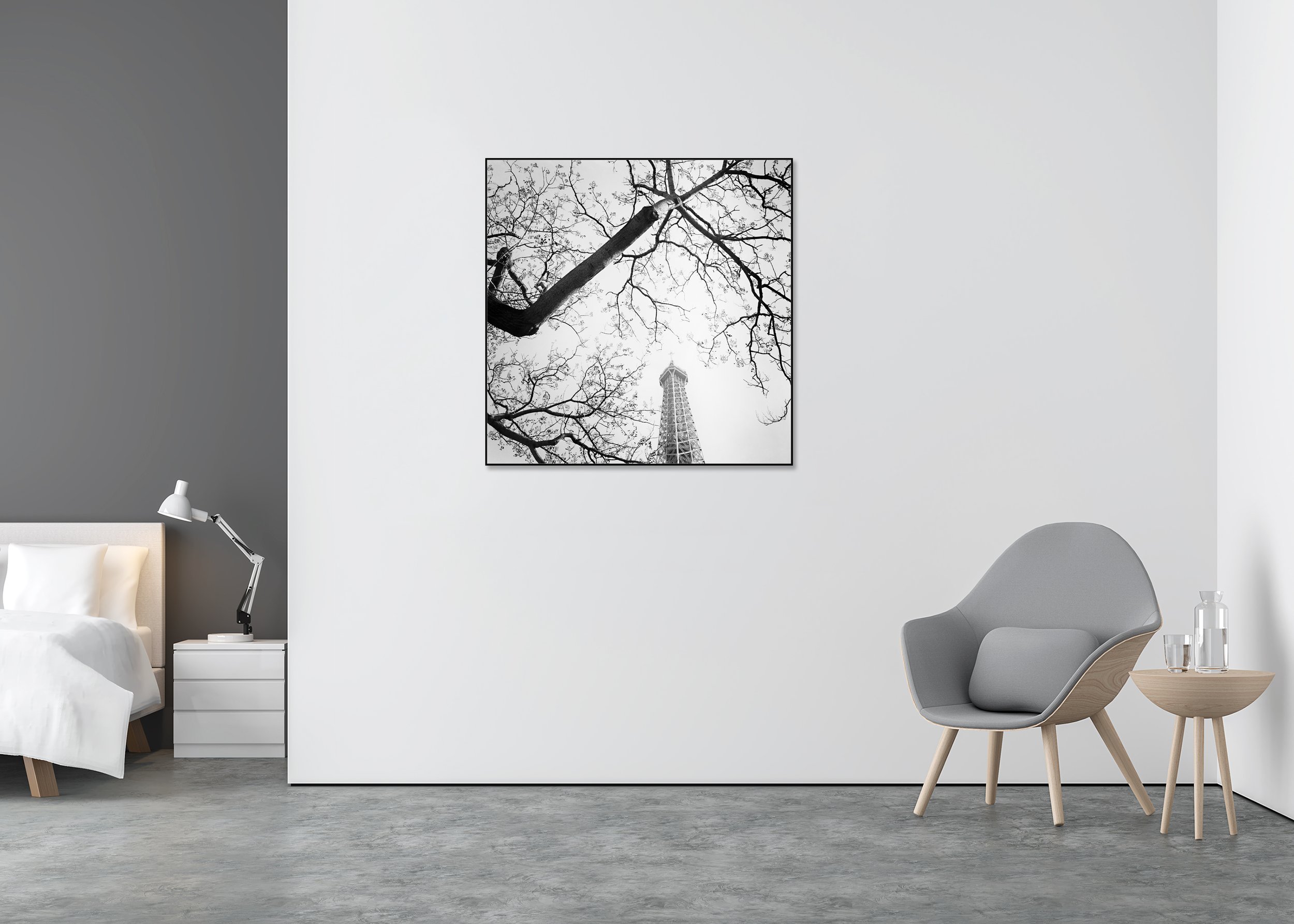 Tree and the Eiffel Tower by Gerald Berghammer displayed in a black aluminium ArtBox in a contemporary interior
