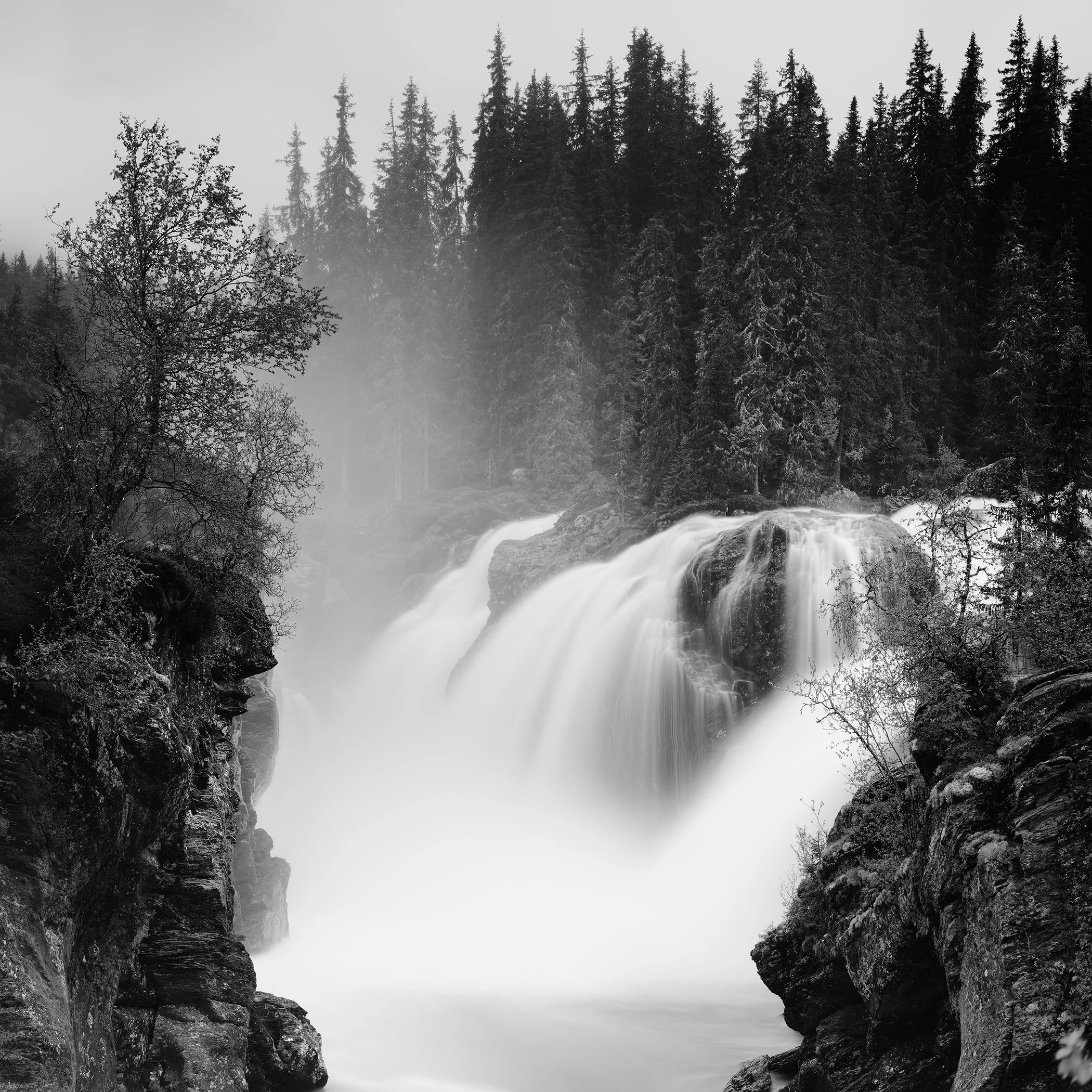 Monochrome nature photograph of a waterfall rushing through a rugged woodland gorge