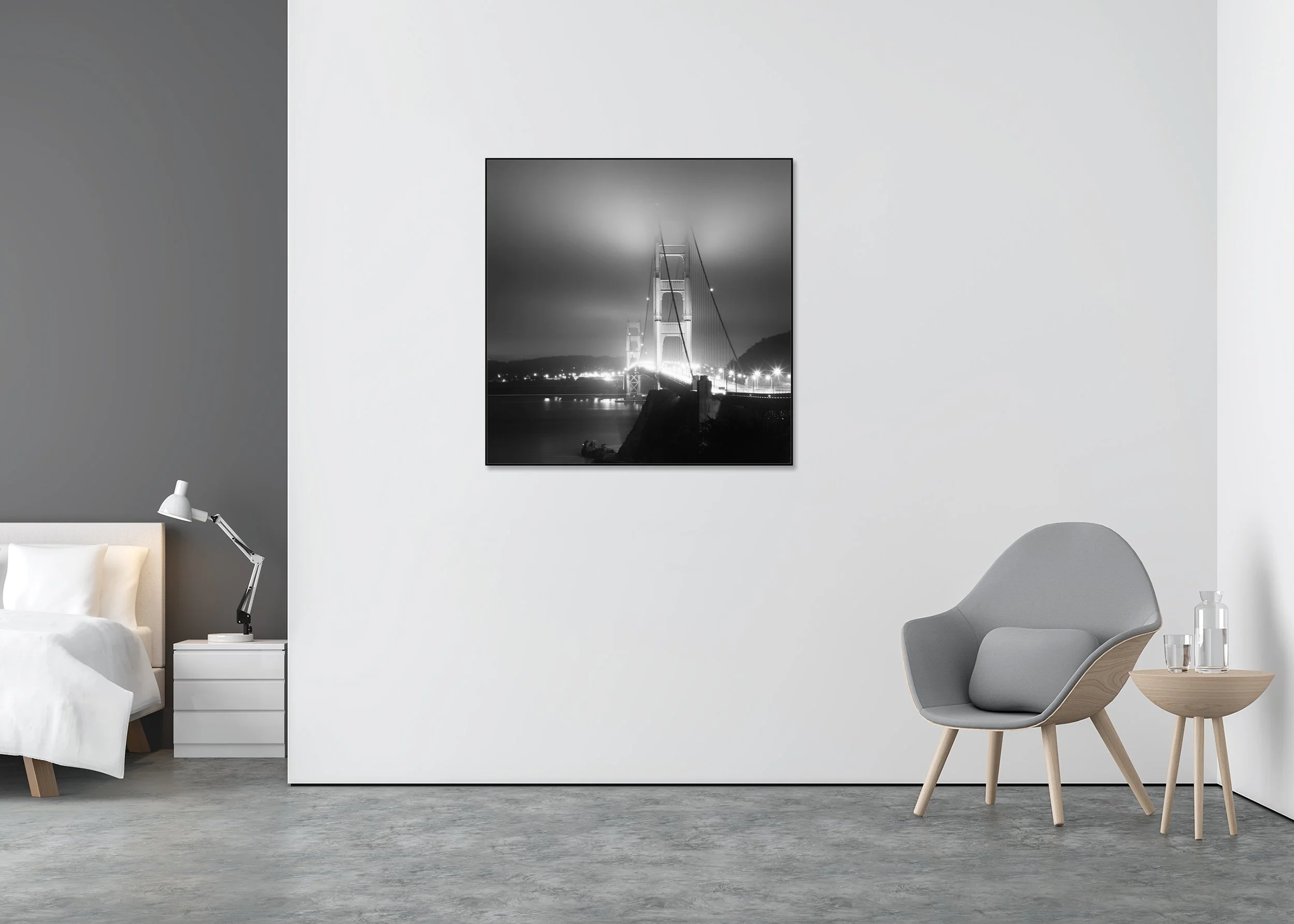 Monochrome Golden Gate Bridge night print with foggy sky, bright lights and calm water, mounted to Dibond in an aluminium ArtBox