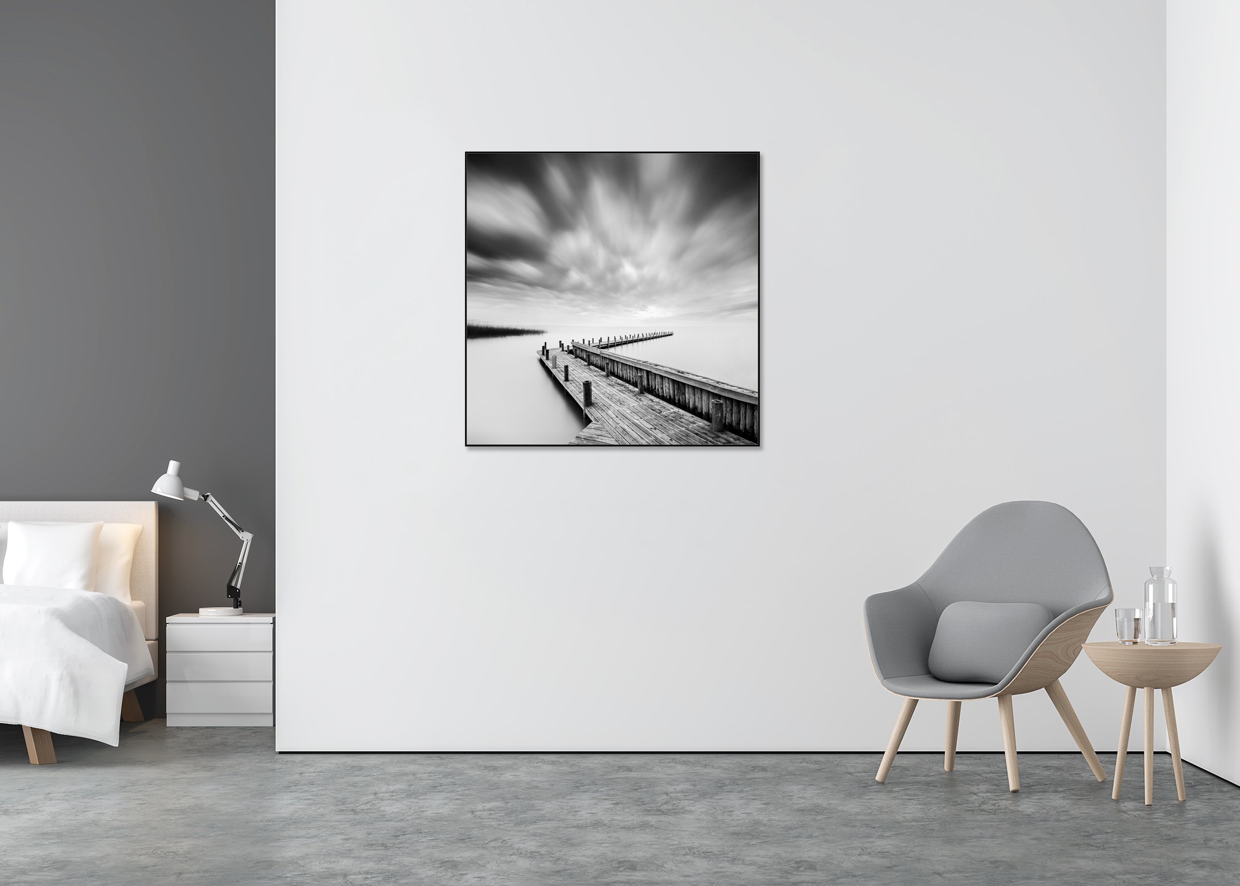 Wood Pier Study 1 displayed on a wall, mounted on aluminium Dibond in a black ArtBox frame by Gerald Berghammer.