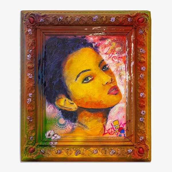 Contemporary portrait painting of a woman with dark hair in an ornate frame by Austrian artist Christian Dressler.
