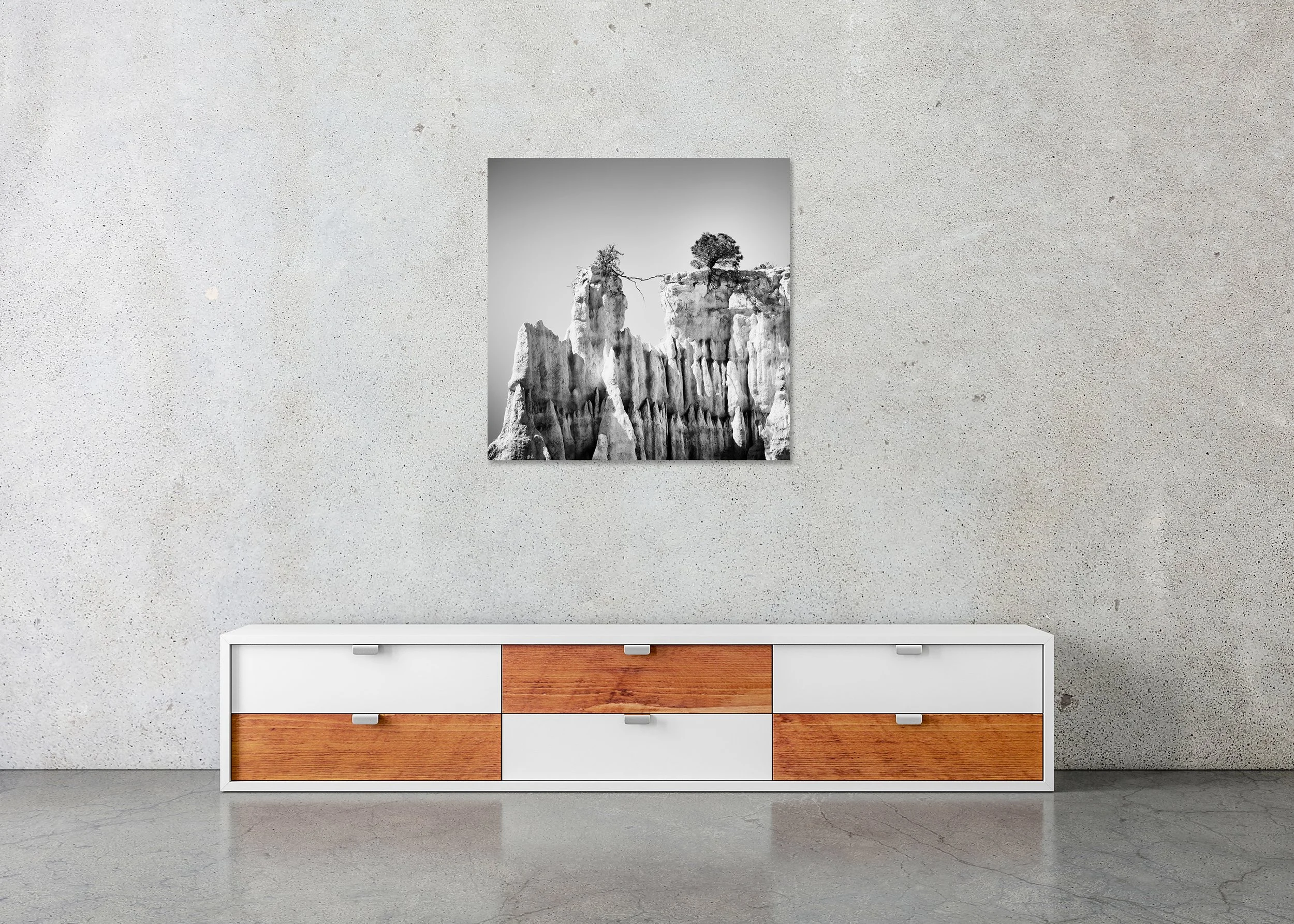 Black-and-white minimalist landscape photograph of two trees atop a rugged cliff, one leaning over the edge, on a frameless ChromaLuxe metal print.