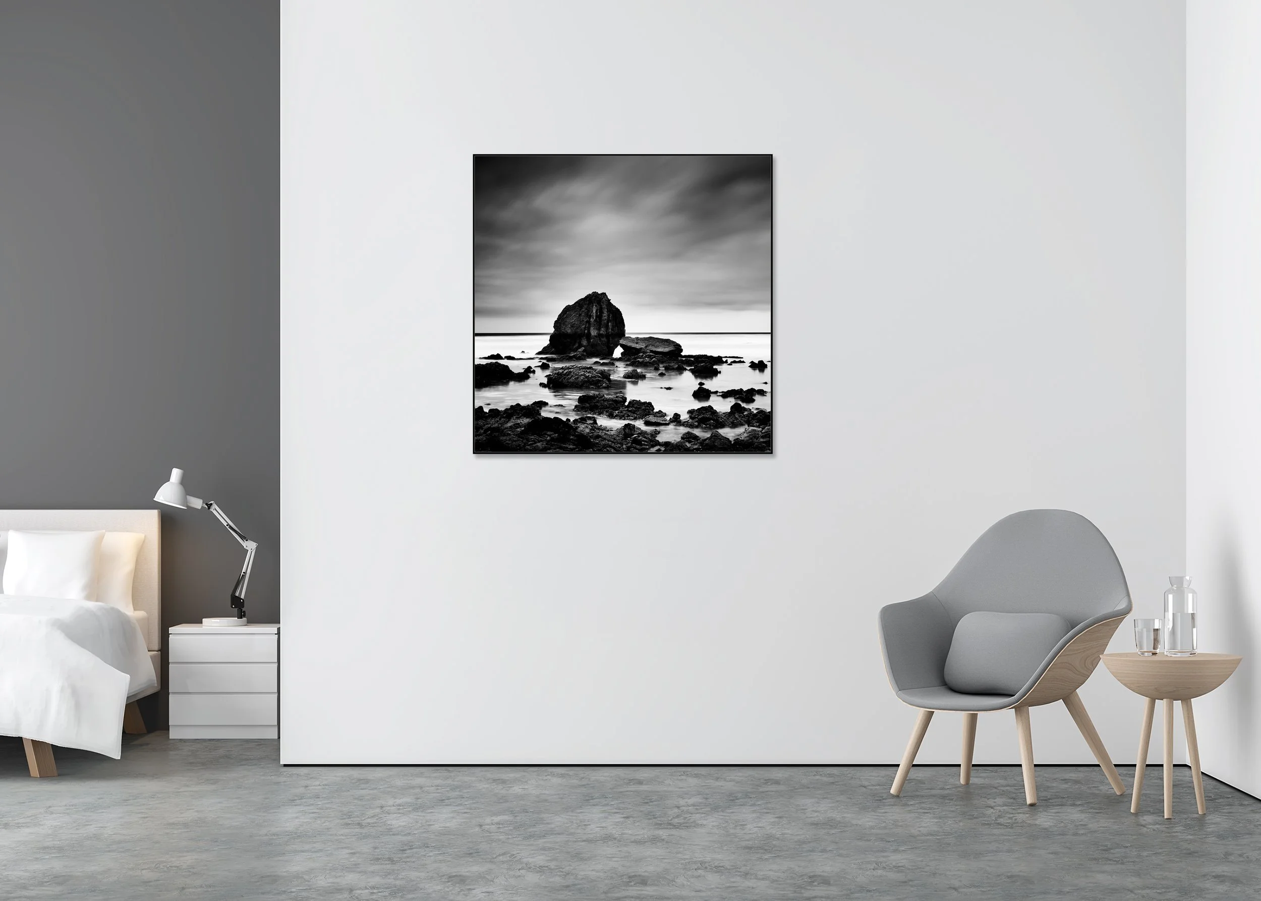 Beach Rock Study 1 – France, black-and-white photo print mounted to Dibond in an aluminium ArtBox frame