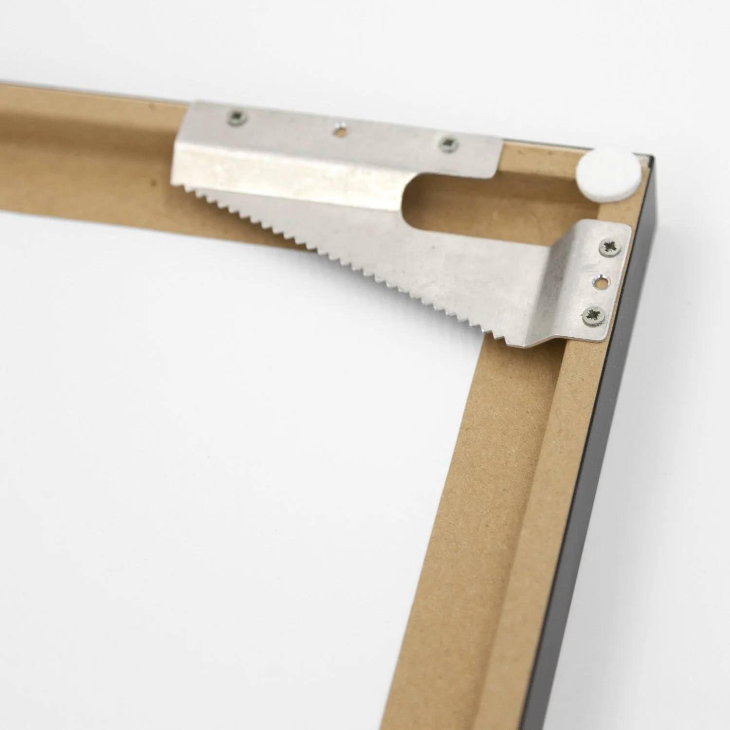 Close-up of the metal wall-mounting hardware on the reverse of Into the Wild, framed fine art photograph by Gerald Berghammer.