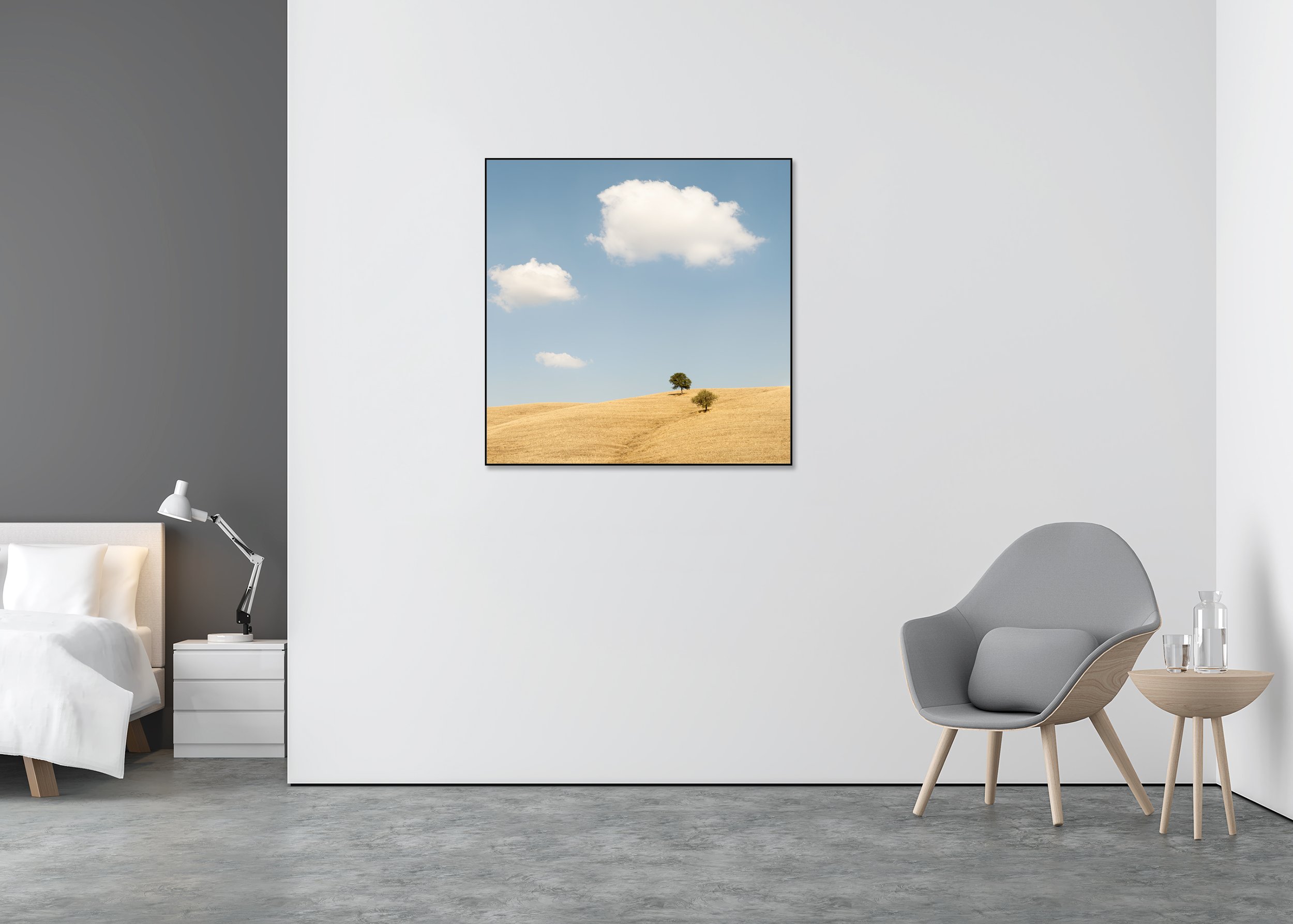 Golden rolling hills in Tuscany with two trees, soft white clouds and blue sky, photo print mounted to Dibond in an aluminium ArtBox