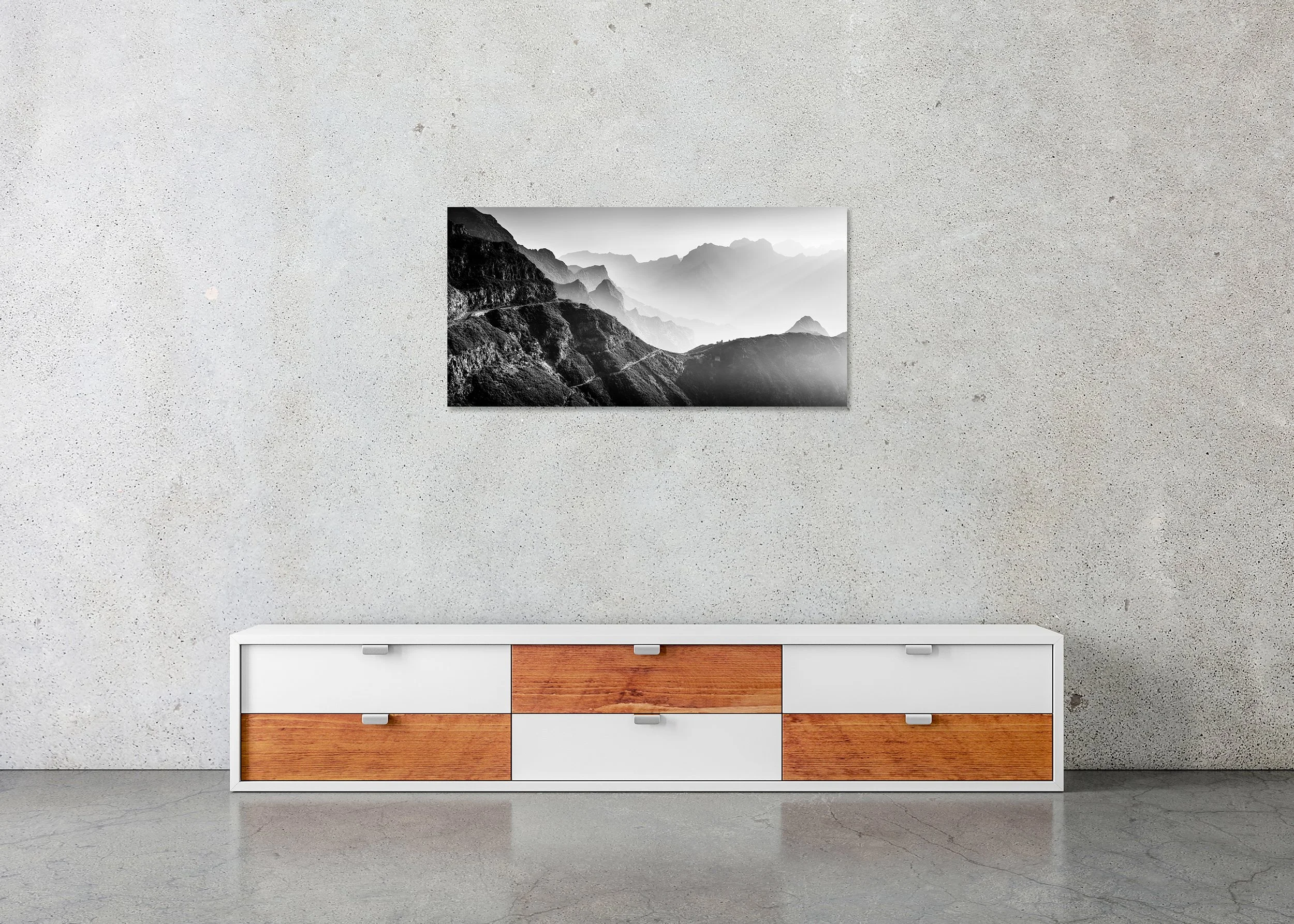 Morning Light in the Mountains Study 3 by Gerald Berghammer displayed as a frameless aluminium Dibond artwork above a low cabinet.