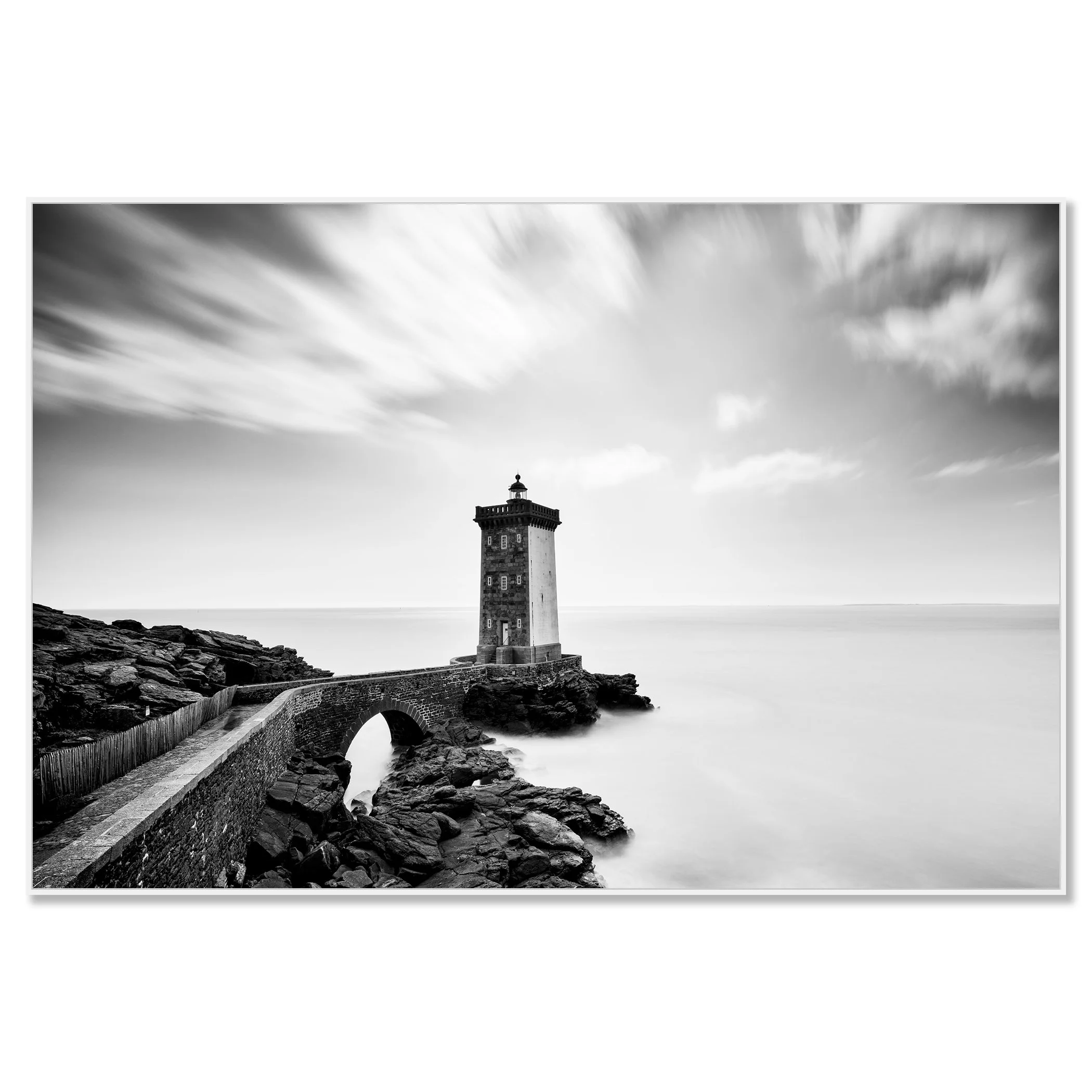 Lighthouse of Kermorvan by Gerald Berghammer, black-and-white Dibond print in a white aluminium ArtBox frame.