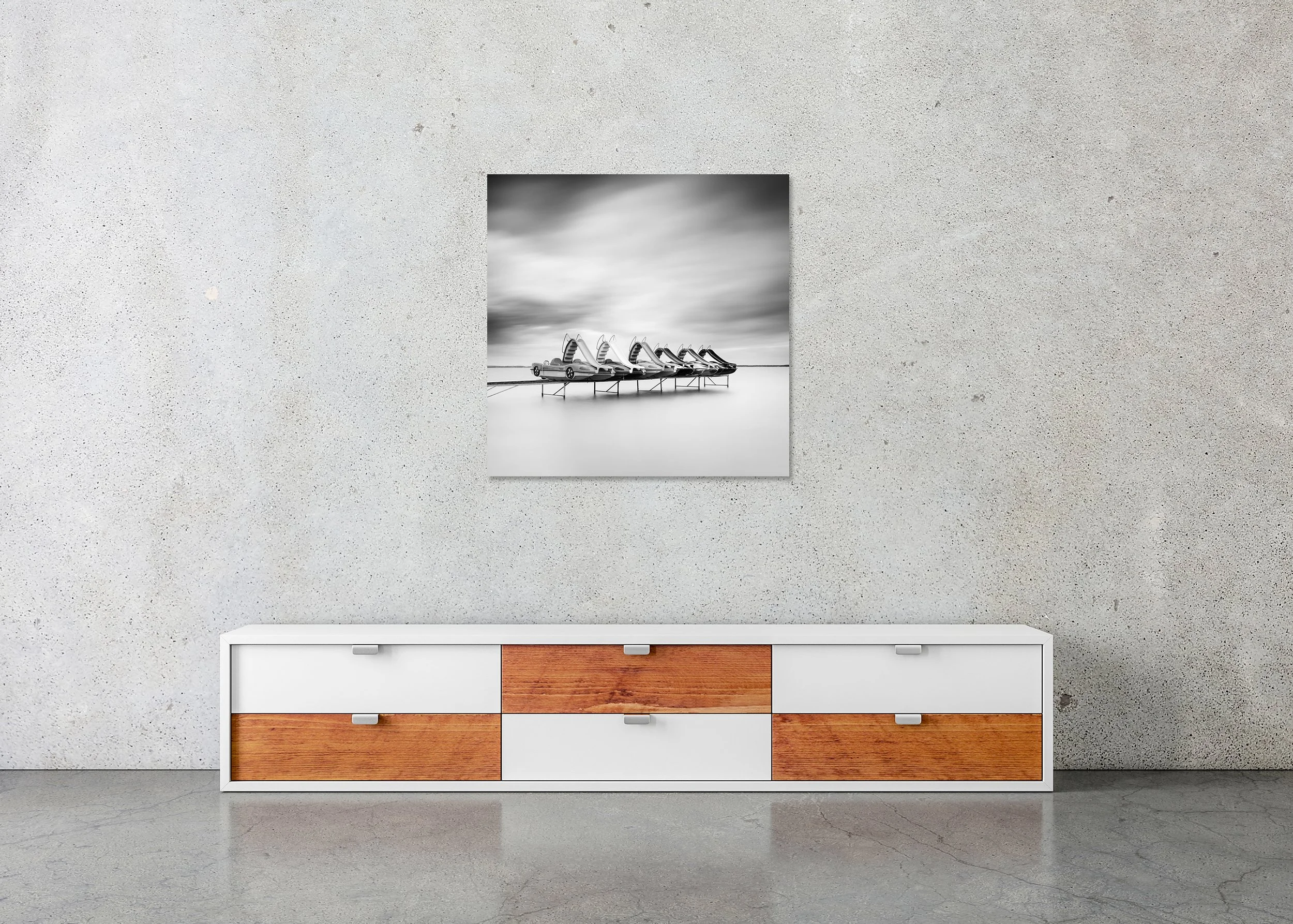 Pedal Boat Study 3 – Balaton, Hungary, black-and-white photo print mounted on frameless Dibond