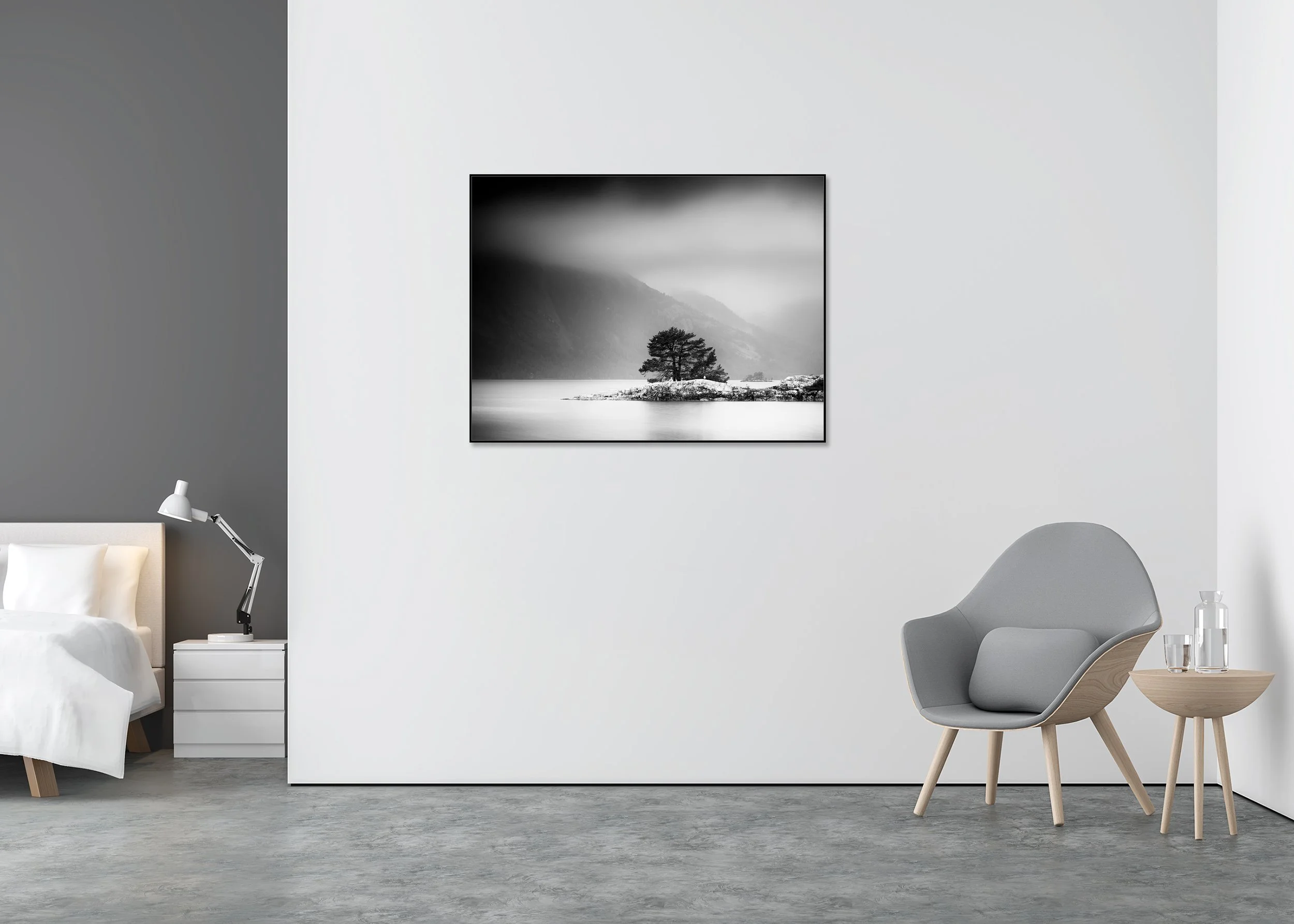Atmospheric black and white lake scene with pine tree on a small island below fog-covered mountain slopes, photo print mounted to Dibond in aluminium ArtBox.