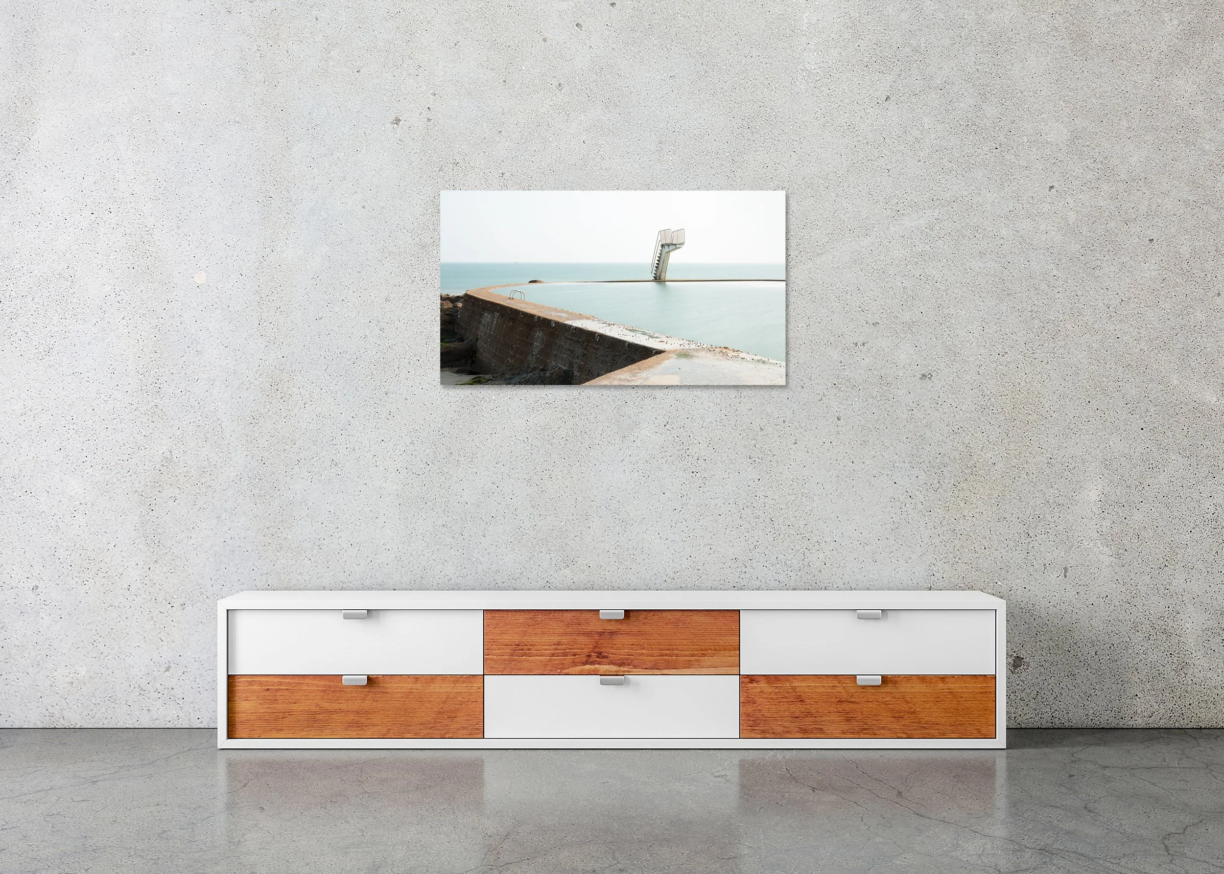 Seawater Swimming Pool, Study 1 – frameless colour photograph on aluminium Dibond displayed above a low cabinet.