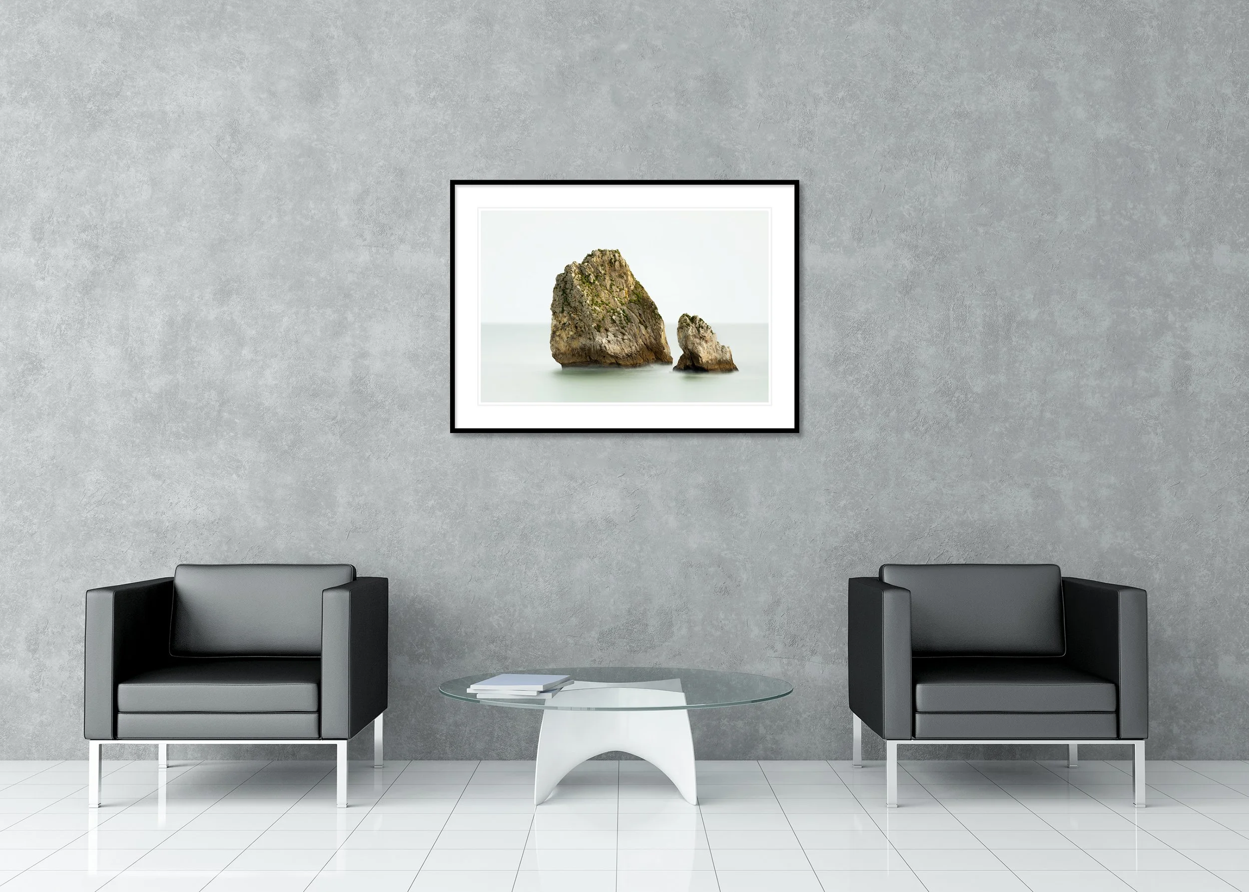 Two Rocks in the Sea Study 1 displayed in a modern interior as an archival pigment print in an aluminium frame with white mount by Gerald Berghammer.