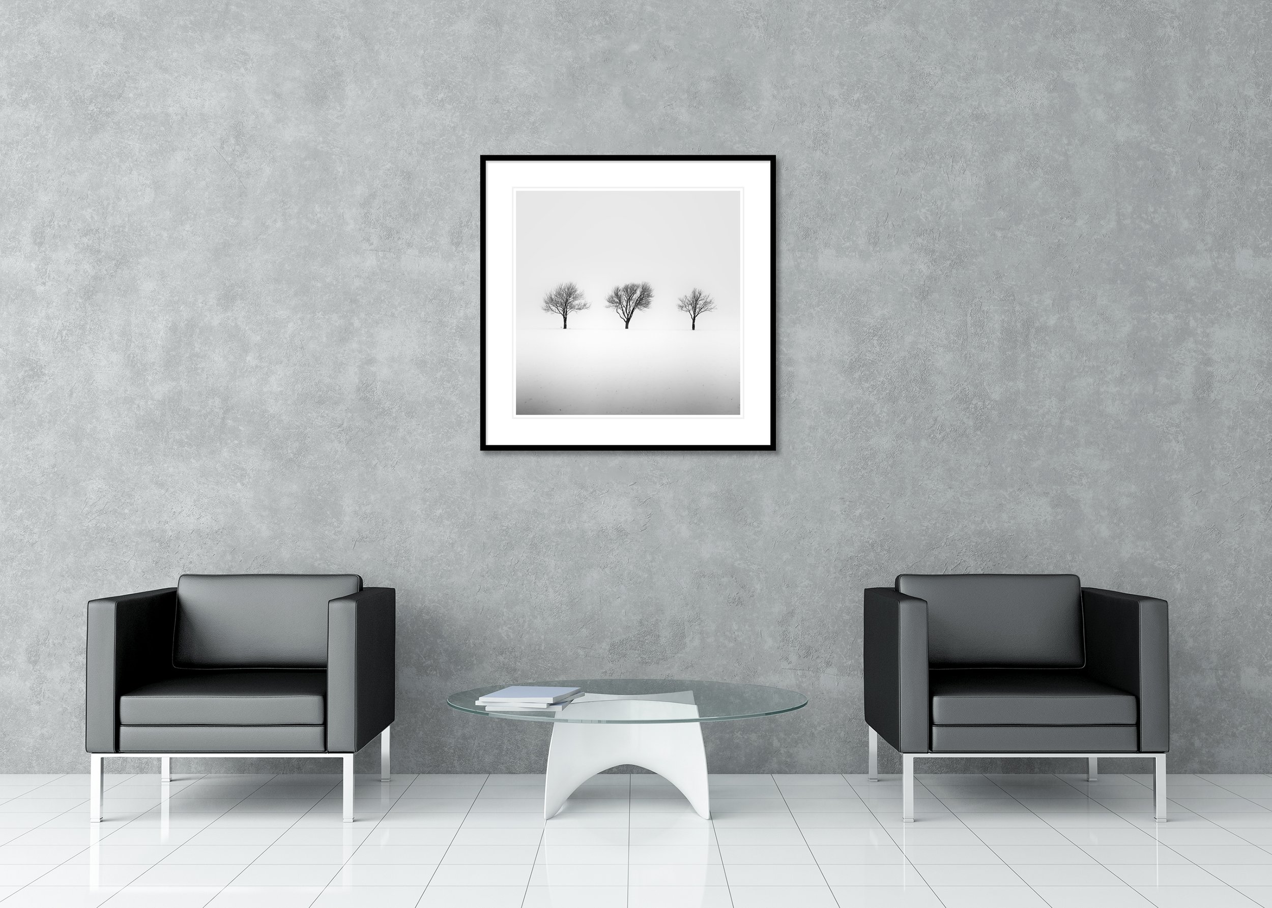 Minimalist monochrome winter landscape in Austria with three trees in snow; archival pigment print in a classic frame with a mount.