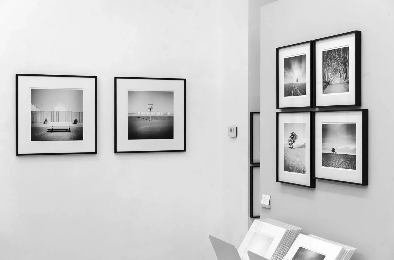 Framed black-and-white seascapes and tree photographs by Gerald Berghammer exhibited at SILVERFINEART Gallery in Vienna.