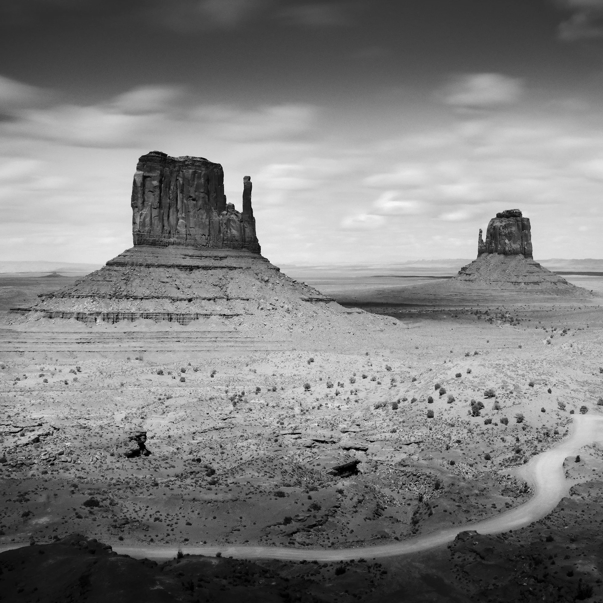 © 2015 Gerald Berghammer - Black and white photo. Large rock formations in a desert landscape, with a winding dirt road in the foreground and a cloudy sky above. Print detail 1