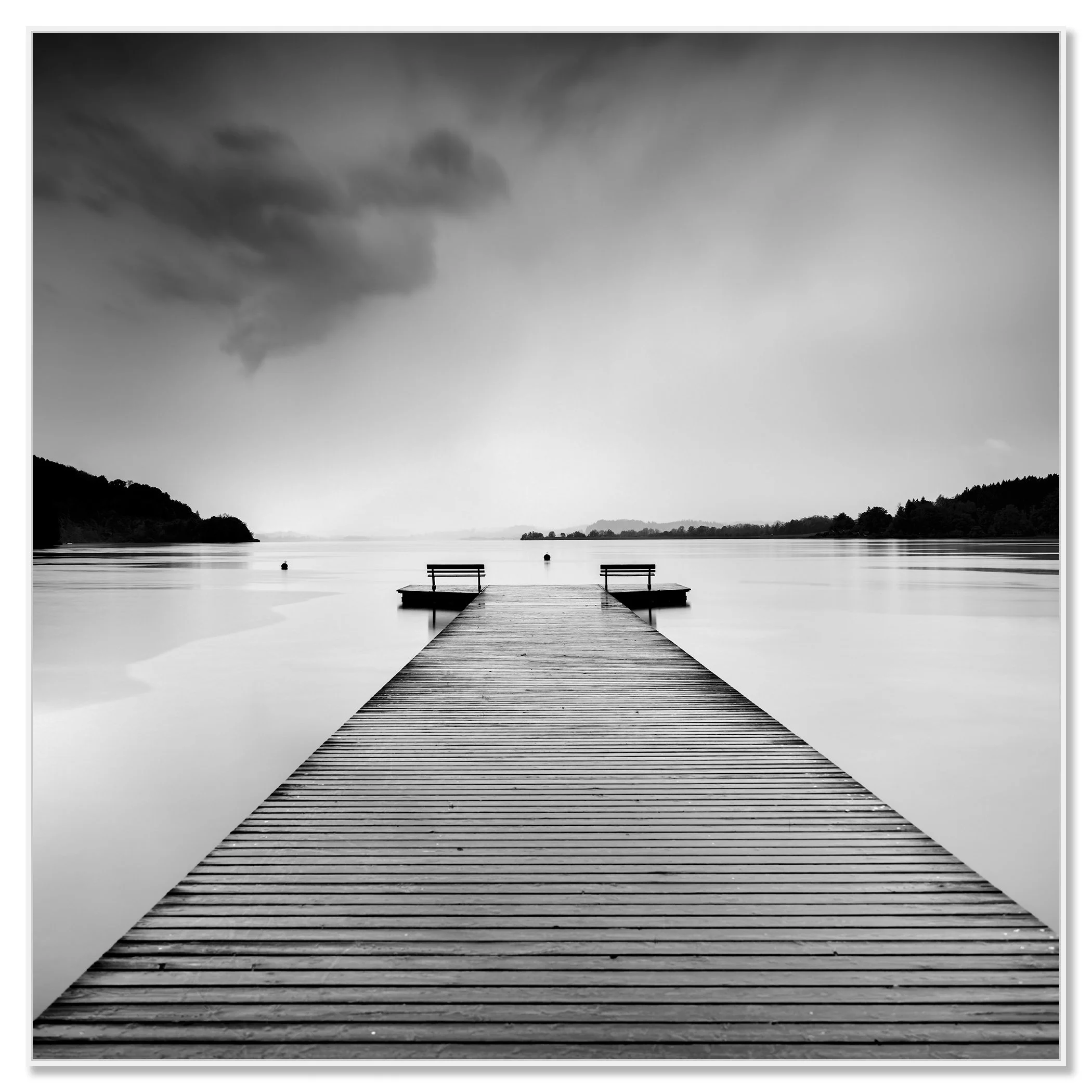 Minimalist black and white photograph of a wooden pier on Lake Wallersee, Austria – framed ArtBox white