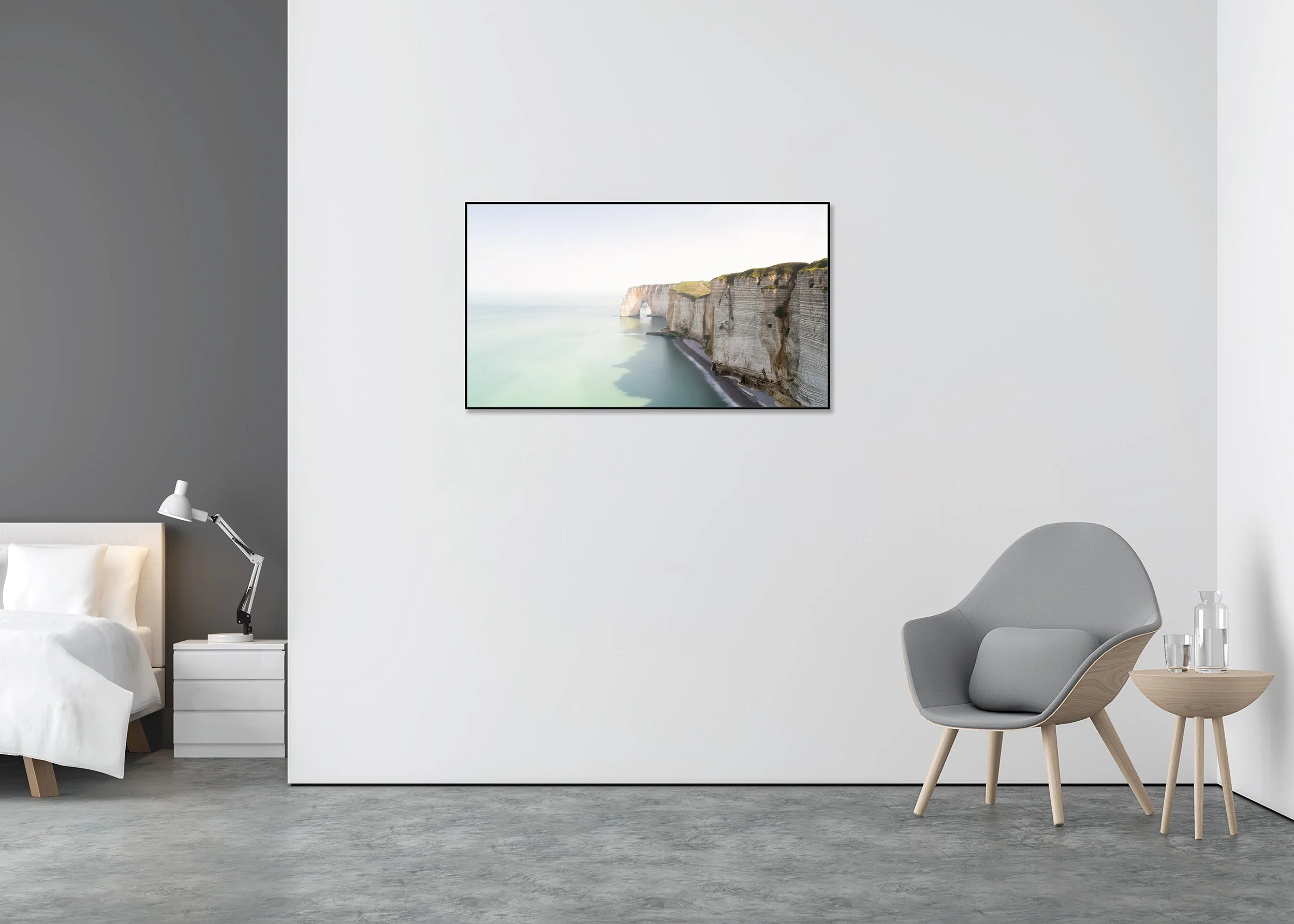 White Cliffs Panorama Study 2 displayed in a modern interior as a colour Dibond print in a black aluminium ArtBox frame by Gerald Berghammer.