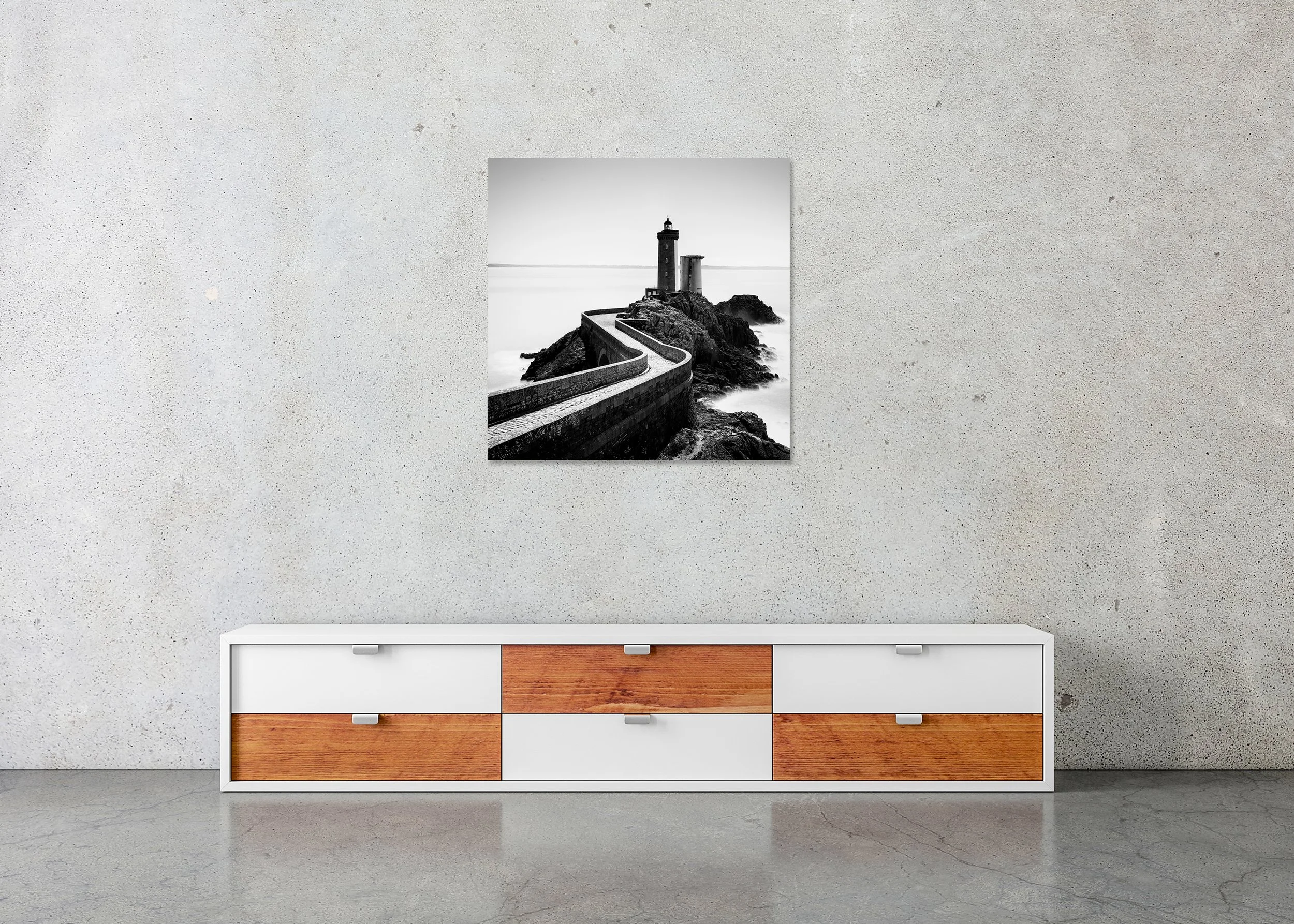 Petit Minou Lighthouse Study 1 – France displayed as a frameless black-and-white photo print mounted to Dibond.