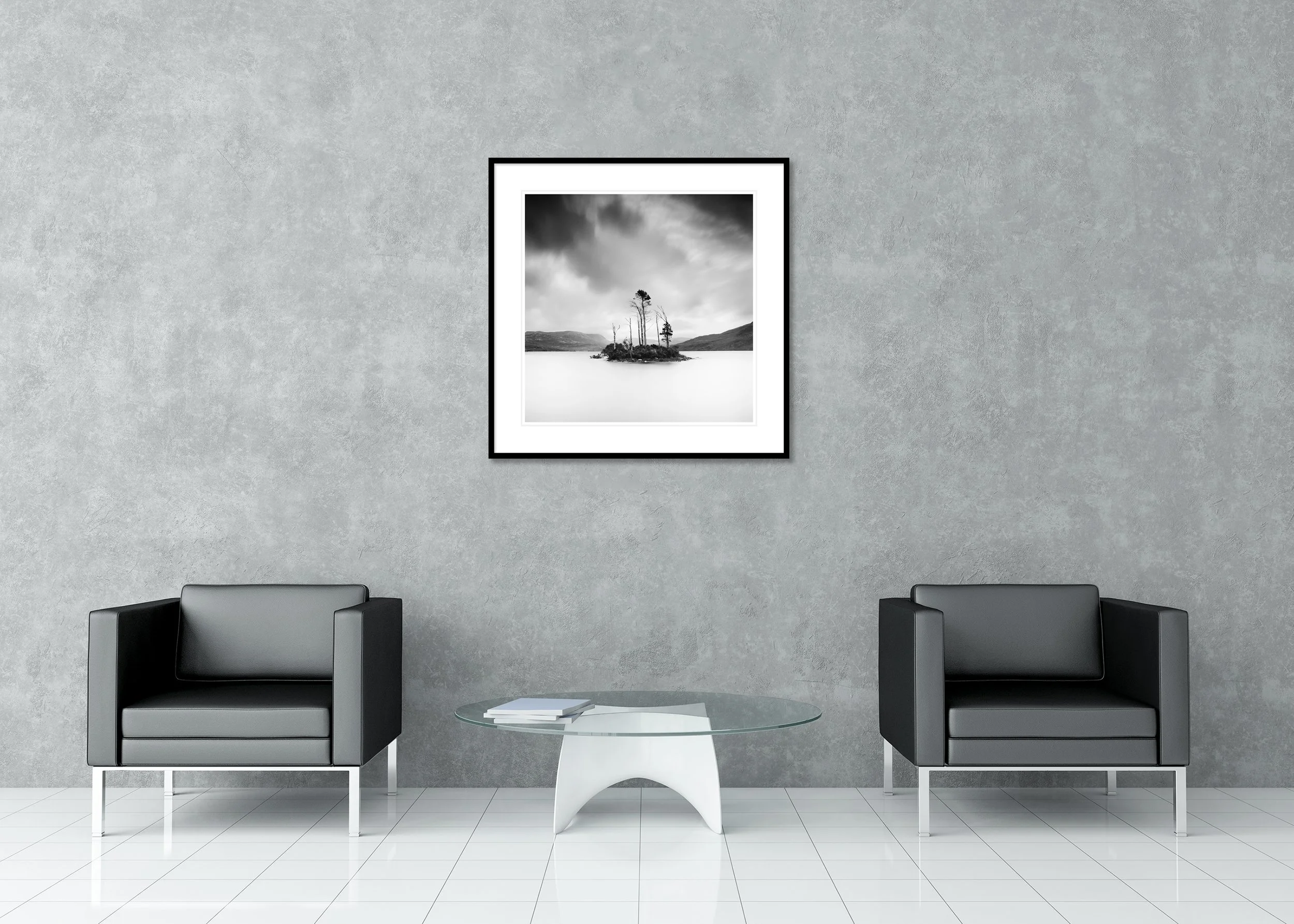 Drowned Island Study 1 displayed in a modern interior as an archival pigment print in a black aluminium frame with a white mount by Gerald Berghammer.