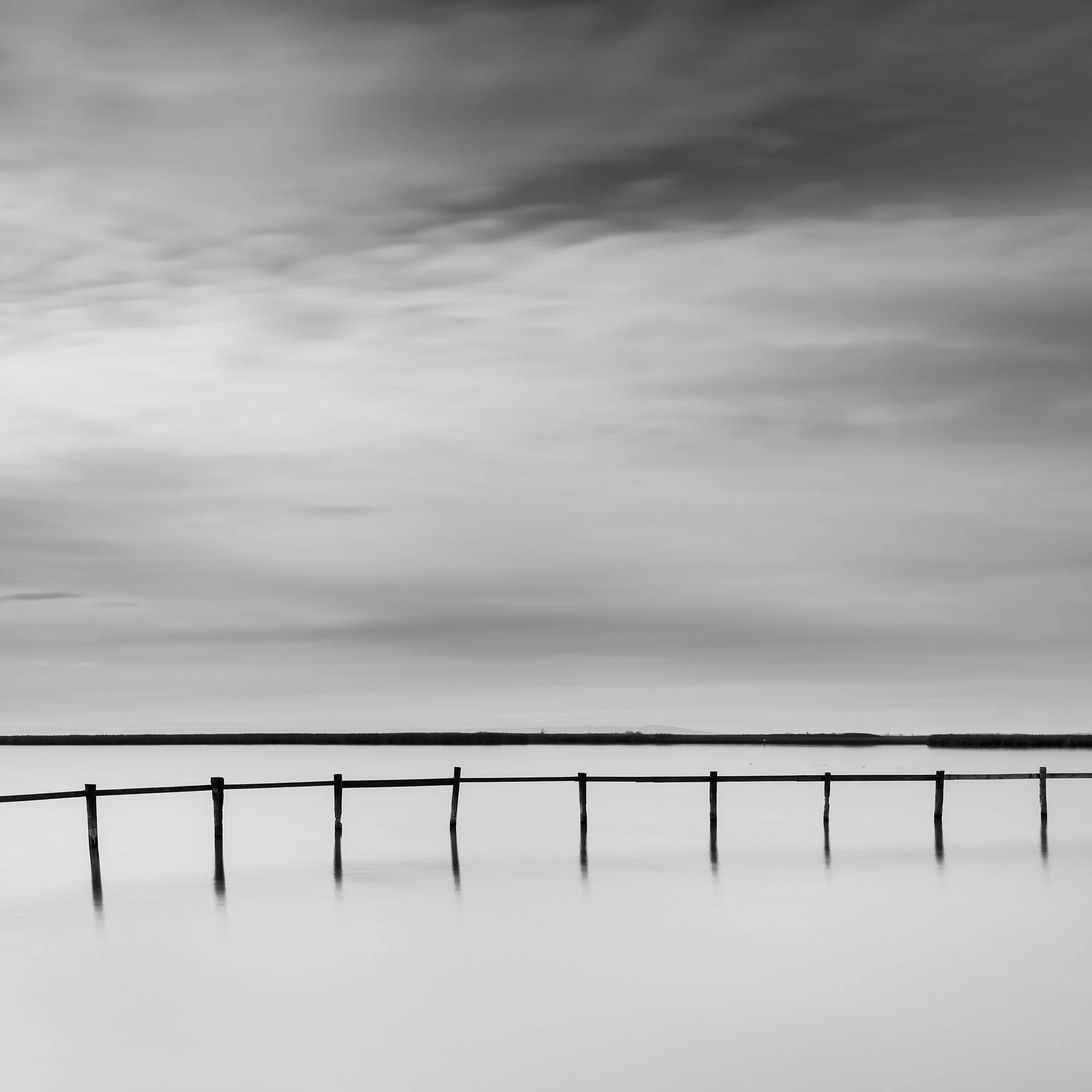Detail of Swimming Area Study 3 showing the wooden posts, still water and horizon at Lake Neusiedl, Austria, by Gerald Berghammer.