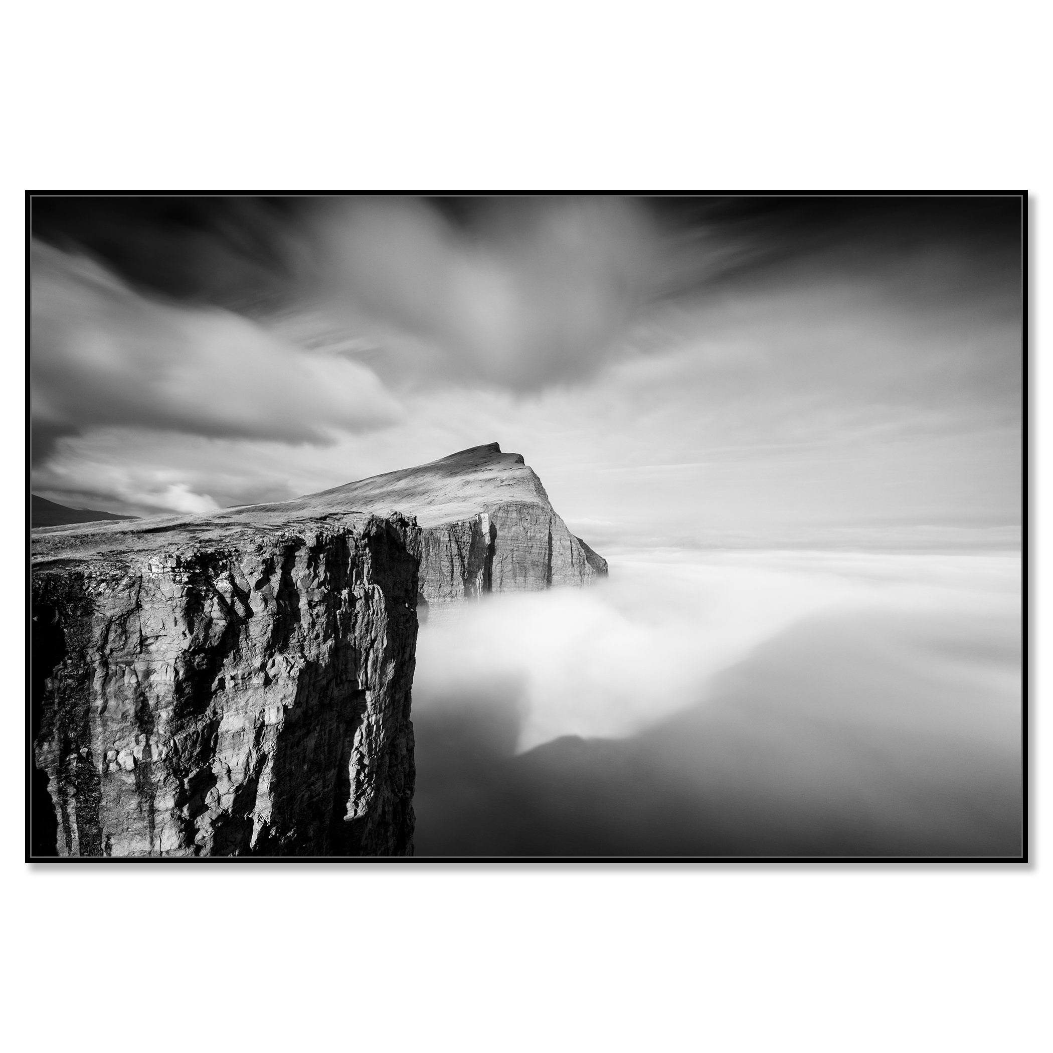 Foggy Slave Cliff, Study 1 – black-and-white Dibond print in a black aluminium ArtBox.
