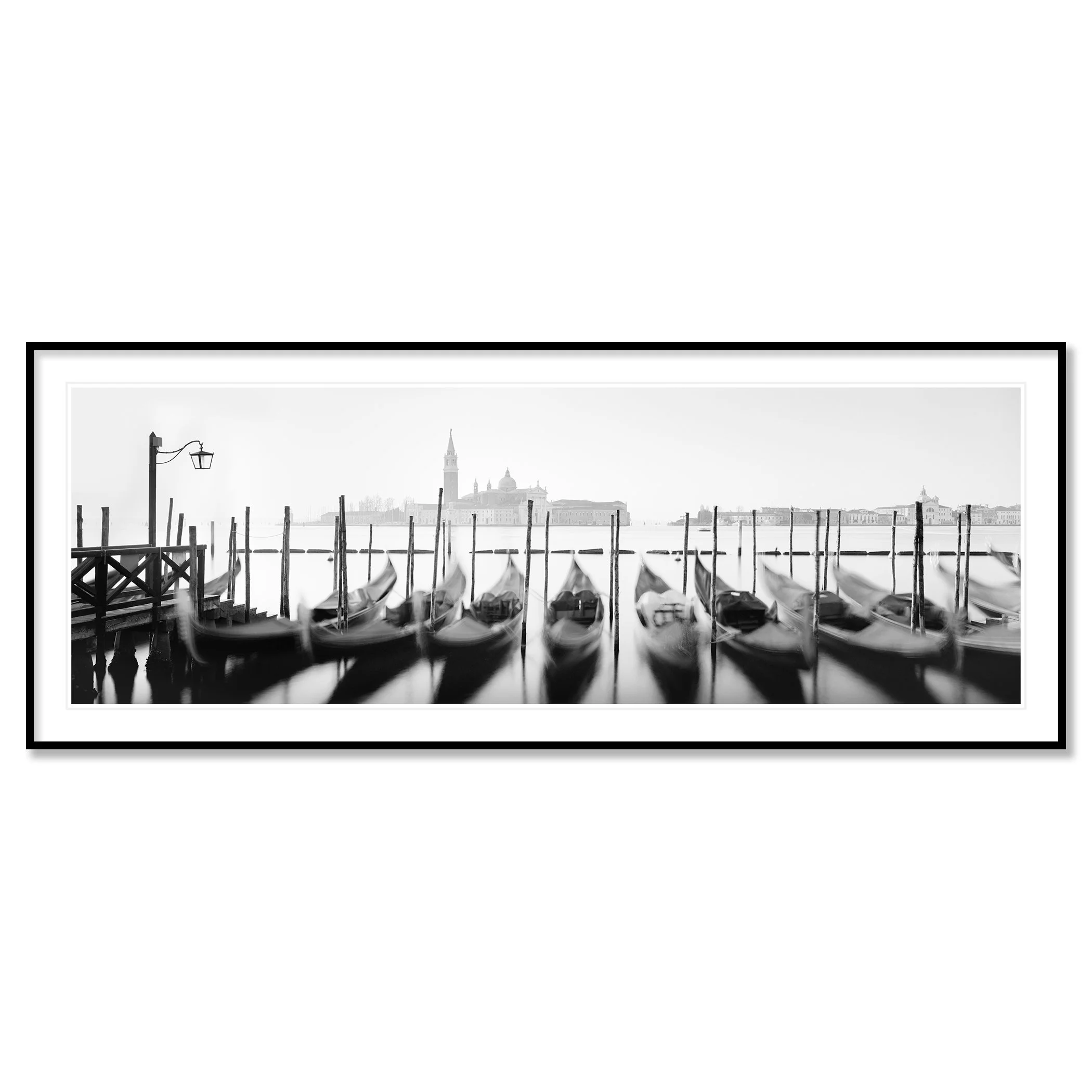 Twelve Gondolas by Gerald Berghammer, black-and-white panoramic fine art print in a black aluminium frame with a white mount.