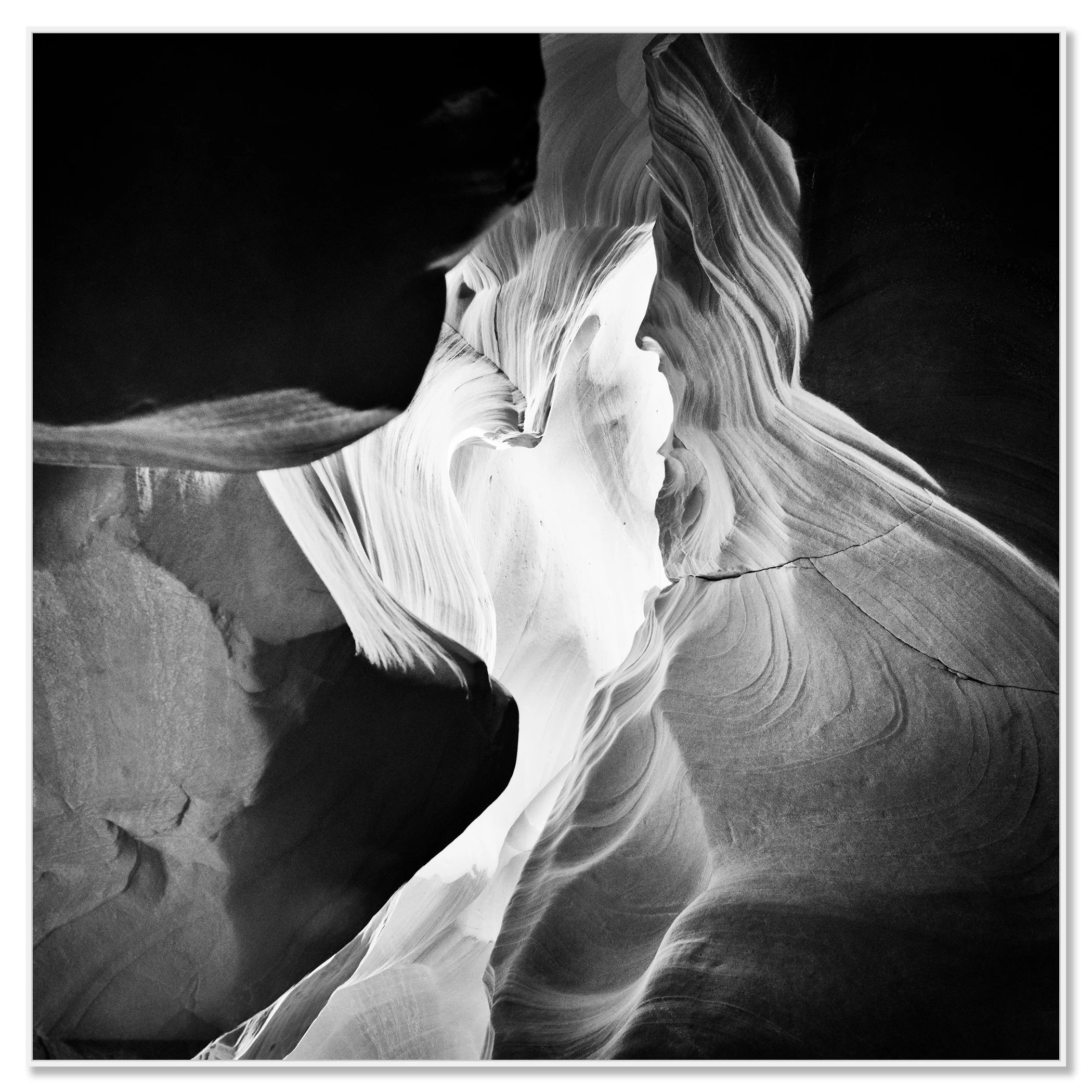 Antelope Canyon Study 9 by Gerald Berghammer presented as a black-and-white Dibond print in a white aluminium ArtBox frame.