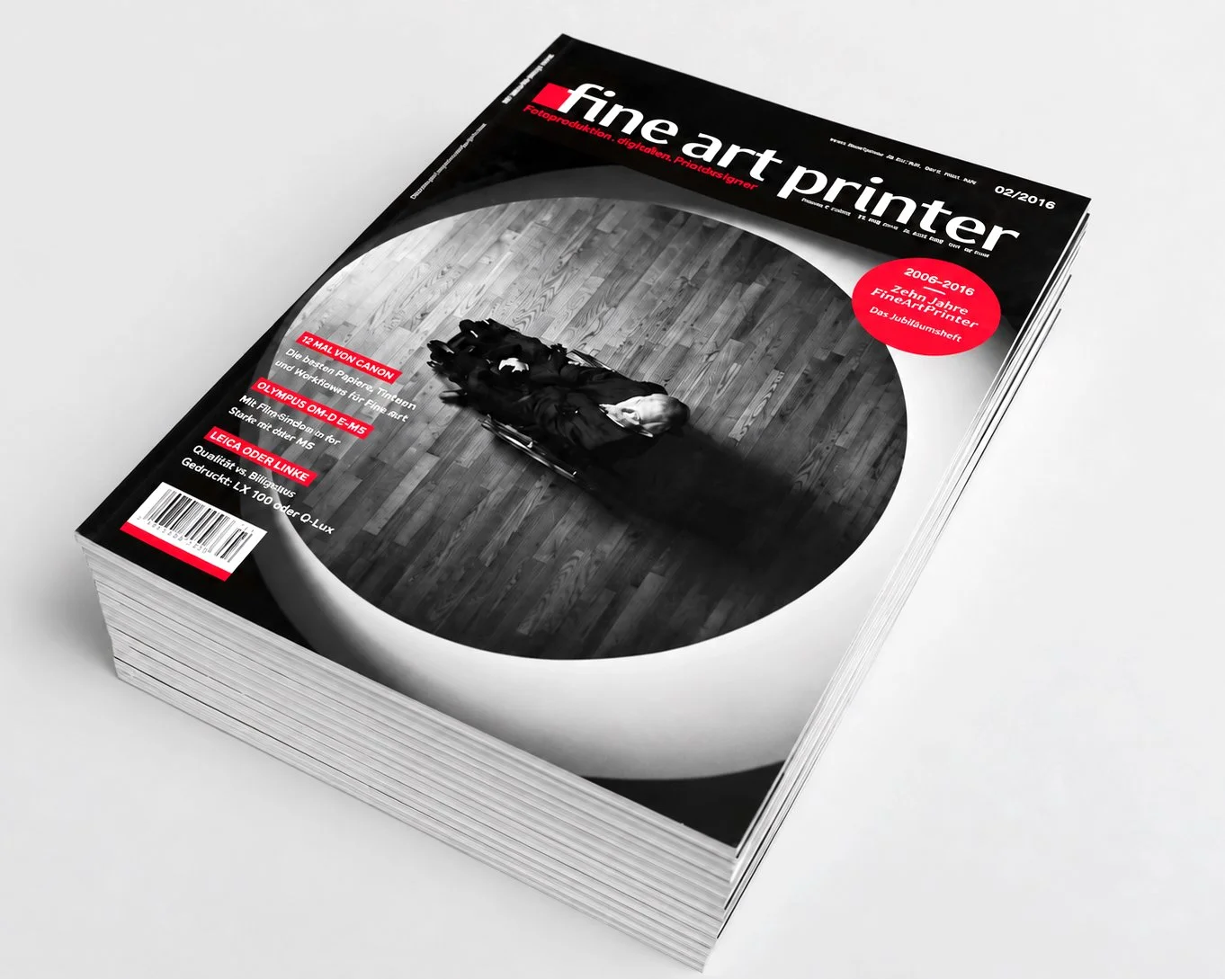 Cover of Fine Art Printer magazine, issue 02/2016, featuring an editorial publication on black-and-white fine art photography by Gerald Berghammer.