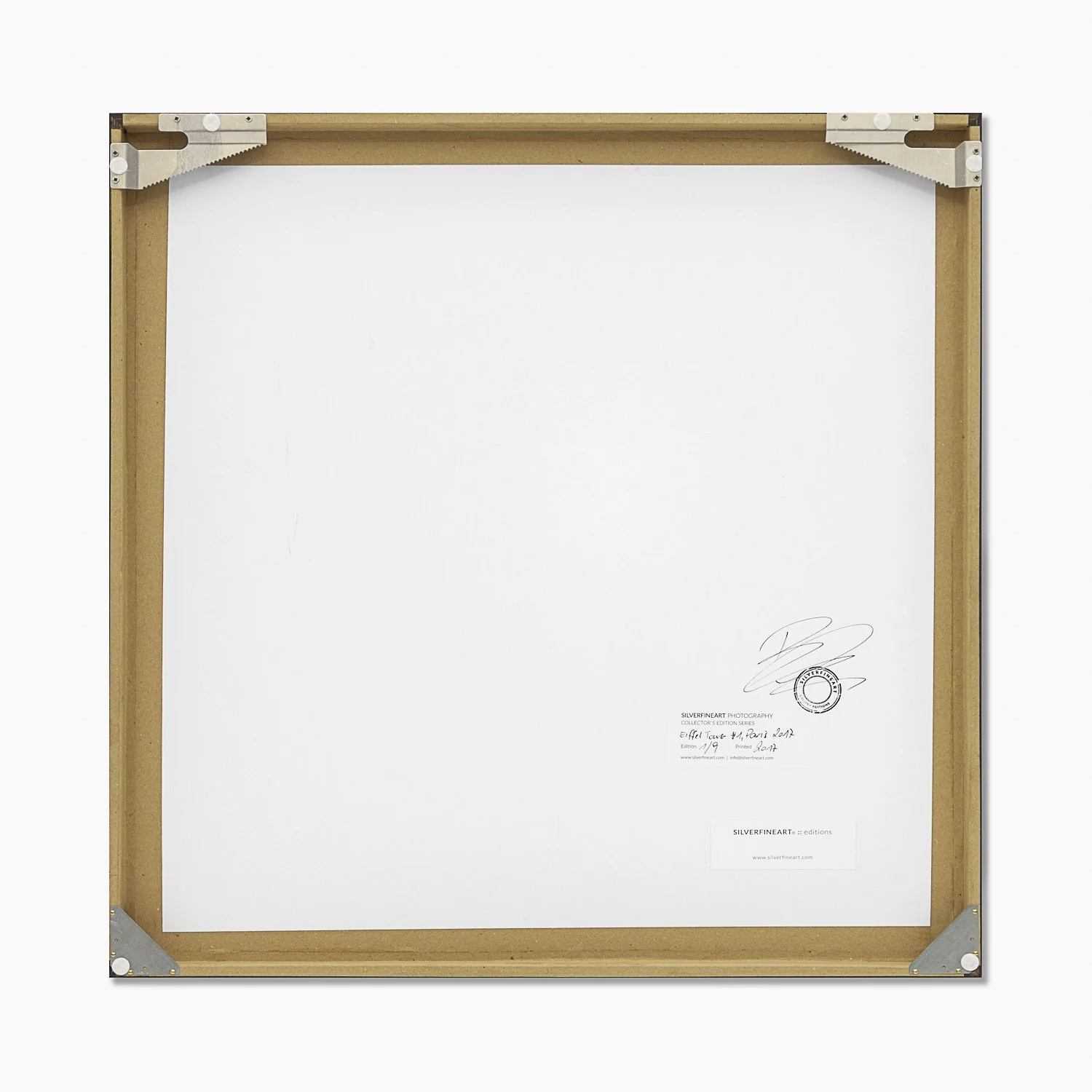 Reverse of framed Eiffel Tower Study 1 with wooden frame, artist's signature and edition labels – Gerald Berghammer.