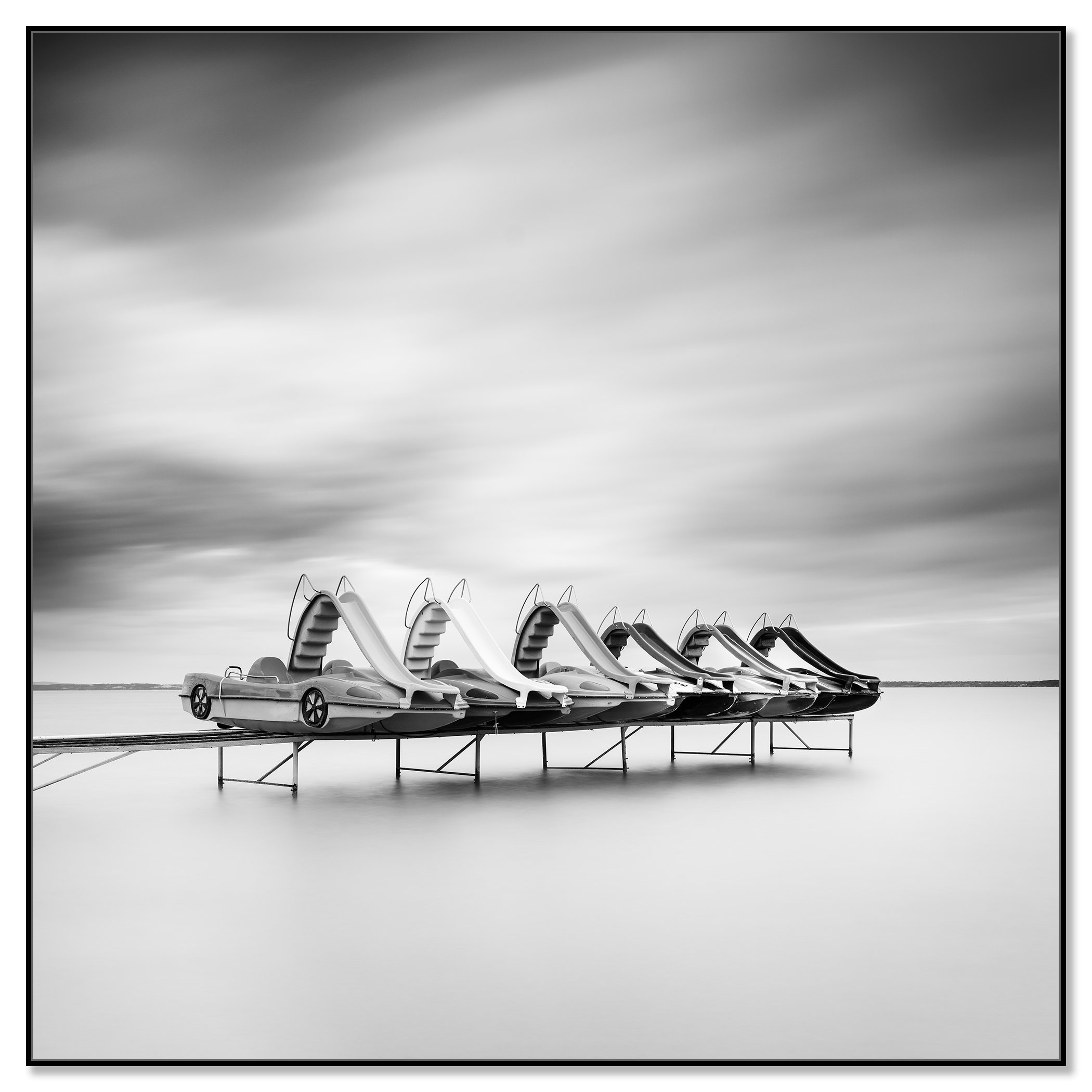 Pedal Boat Study 3 – Balaton, Hungary, black-and-white photo print mounted on Dibond in a black aluminium ArtBox