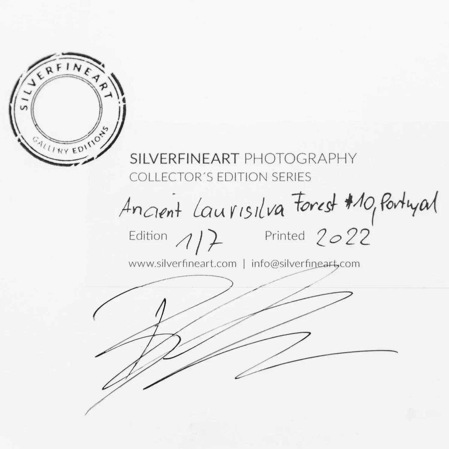 Close-up of the signed SILVERFINEART edition label for Ancient Laurisilva Forest Study 10, numbered 1/7, by Gerald Berghammer.