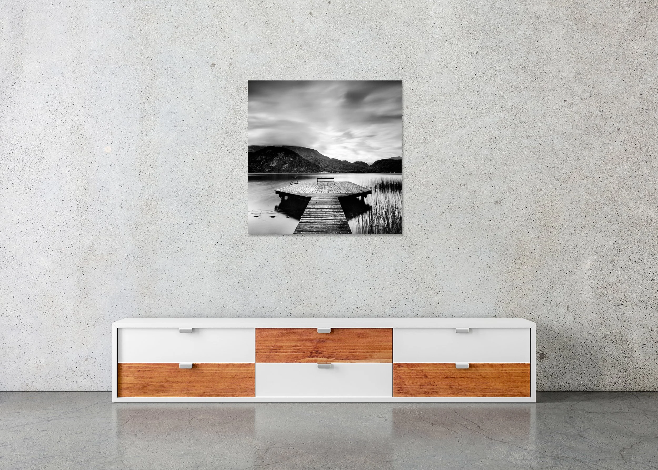 Wood Pier Study 2 – Austria, black-and-white photo print mounted to Dibond, frameless