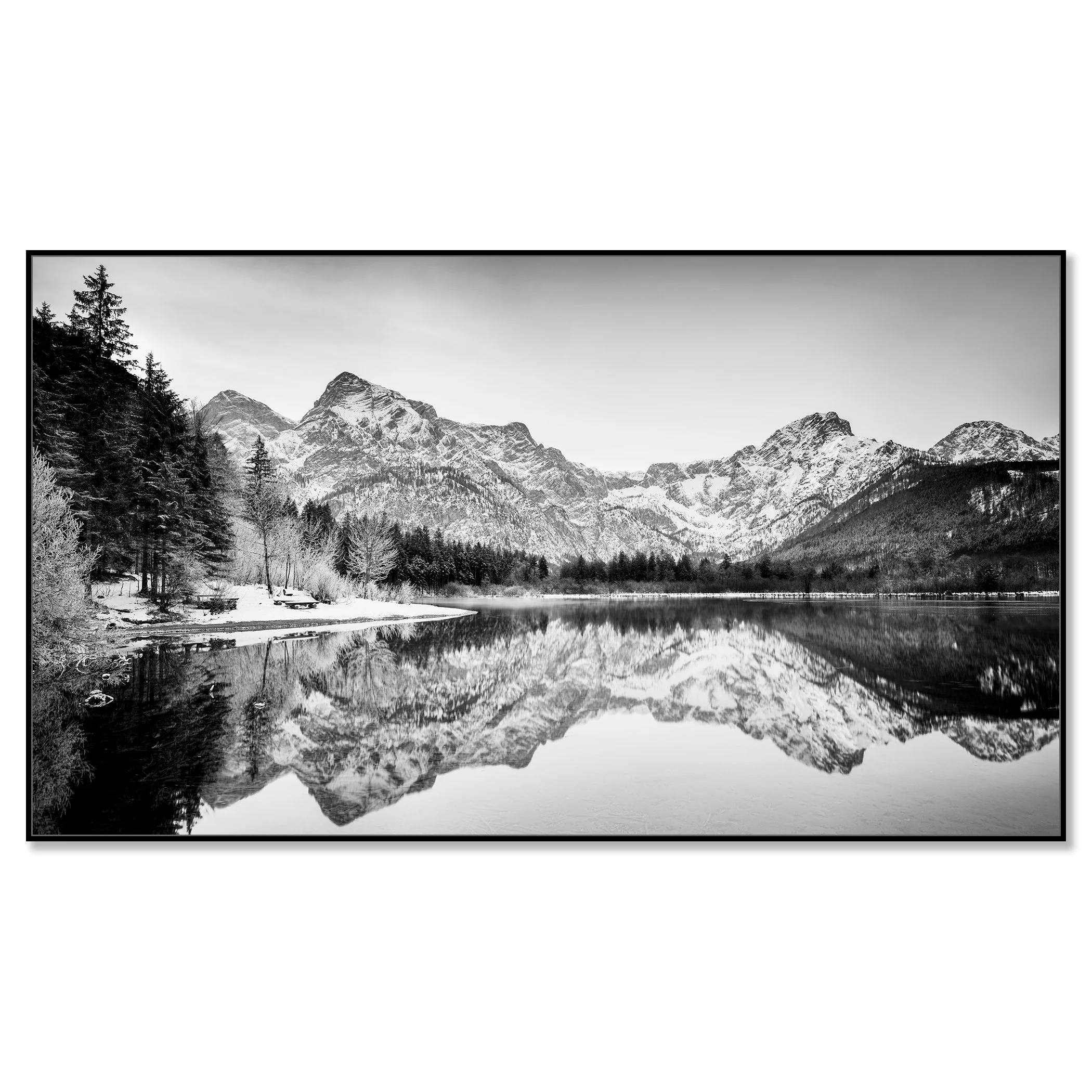 White Mountains, Almsee, Austria, black-and-white fine art photograph on aluminium Dibond in a black aluminium ArtBox frame by Gerald Berghammer.