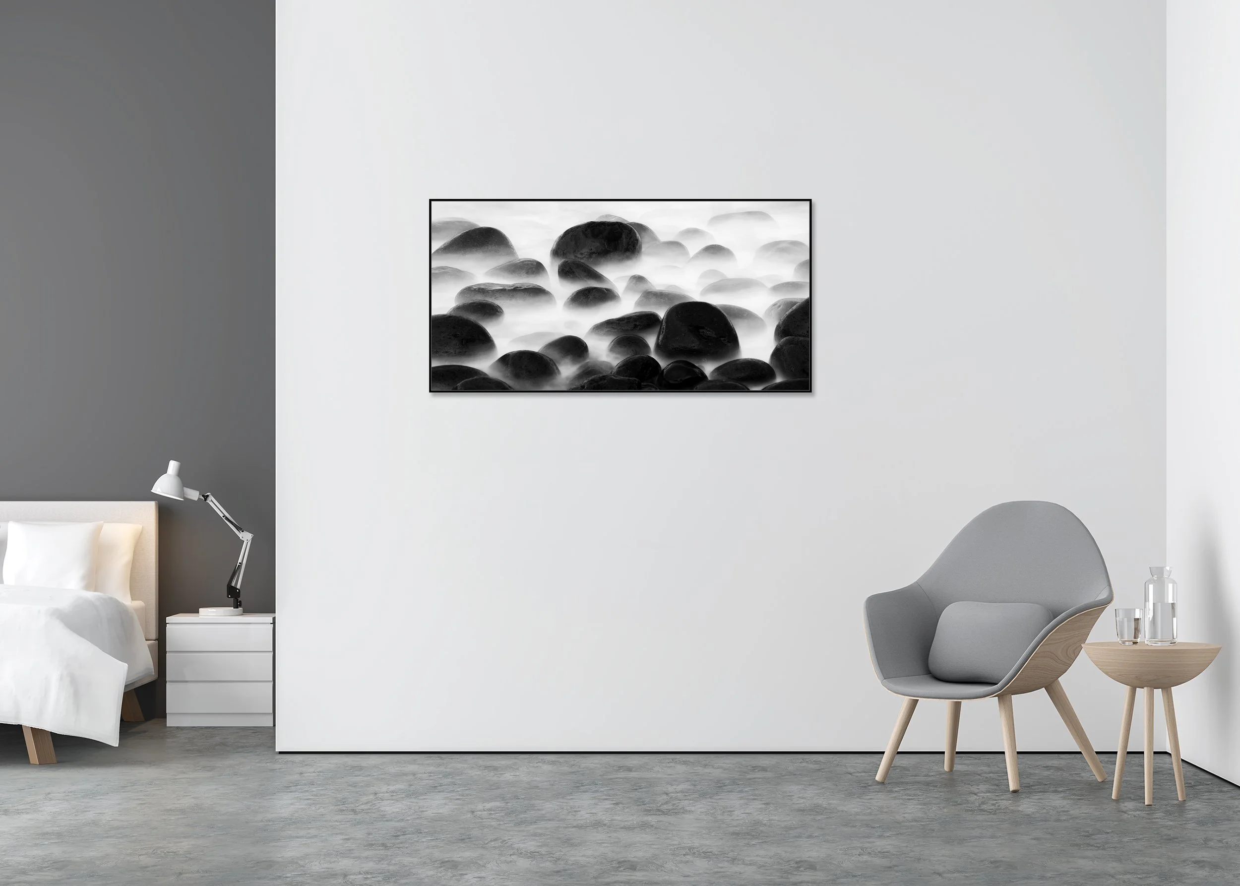 Black Stone Beach Study 1 – Portugal, black-and-white fine art photo print mounted to Dibond in an aluminium ArtBox