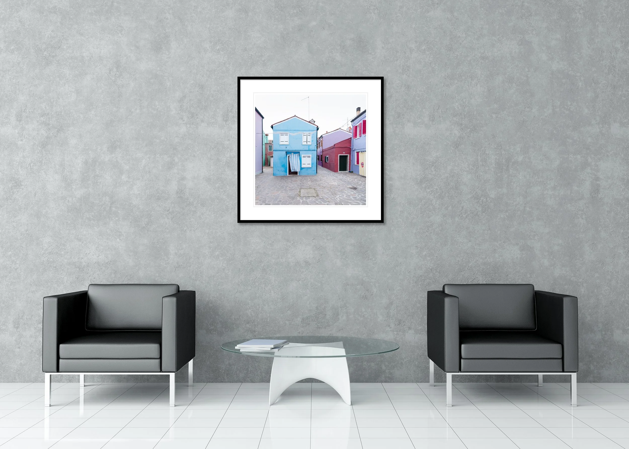 The Violet House displayed in a modern interior as an archival pigment print in a black aluminium frame with a white mount by Gerald Berghammer.