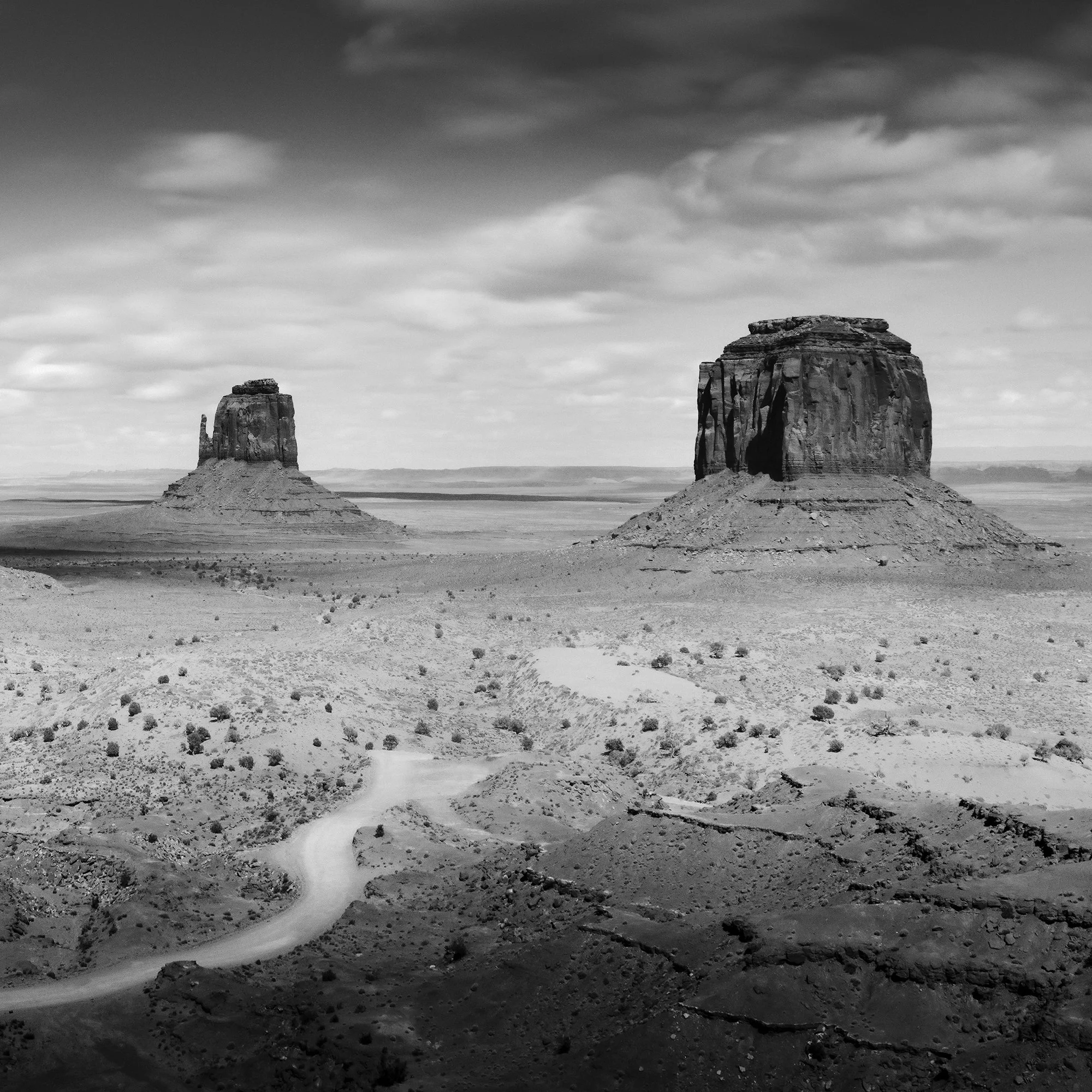 © 2015 Gerald Berghammer - Black and white photo. Large rock formations in a desert landscape, with a winding dirt road in the foreground and a cloudy sky above. Print detail 2