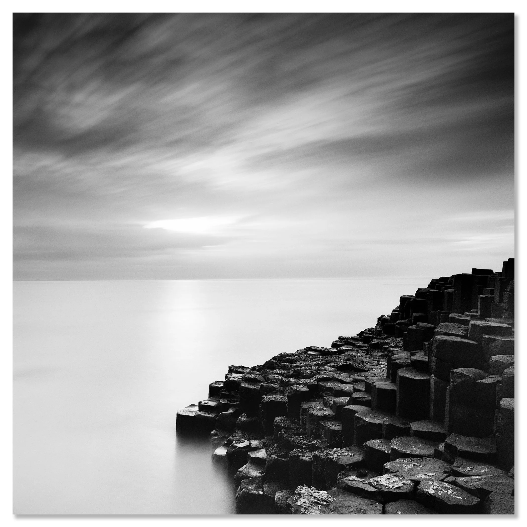 Giant’s Causeway Study 3 by Gerald Berghammer, frameless black-and-white fine art photograph mounted on aluminium Dibond.