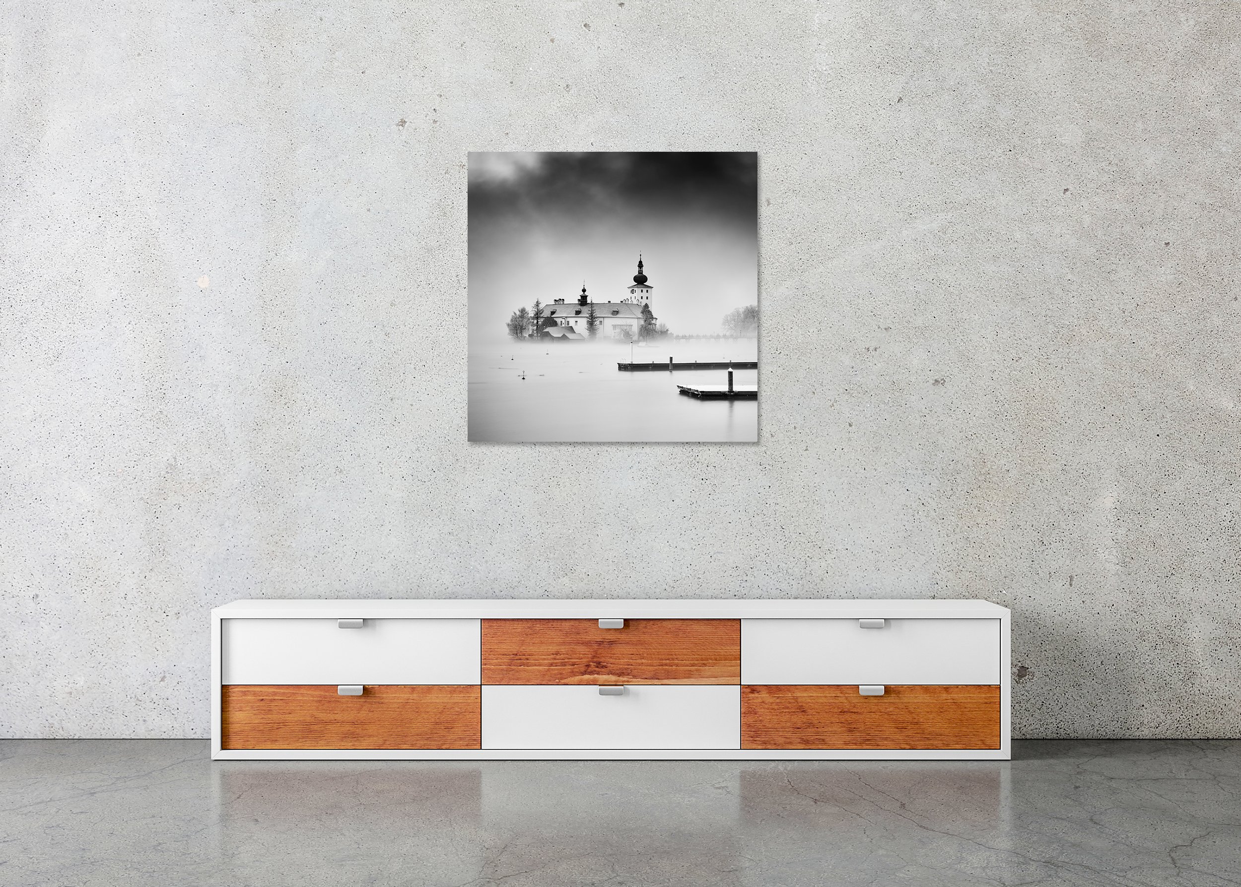 Seeschloss Ort castle on Traunsee in mist, Gmunden, Austria panoramic fine art photo on ChromaLuxe metal print, frameless