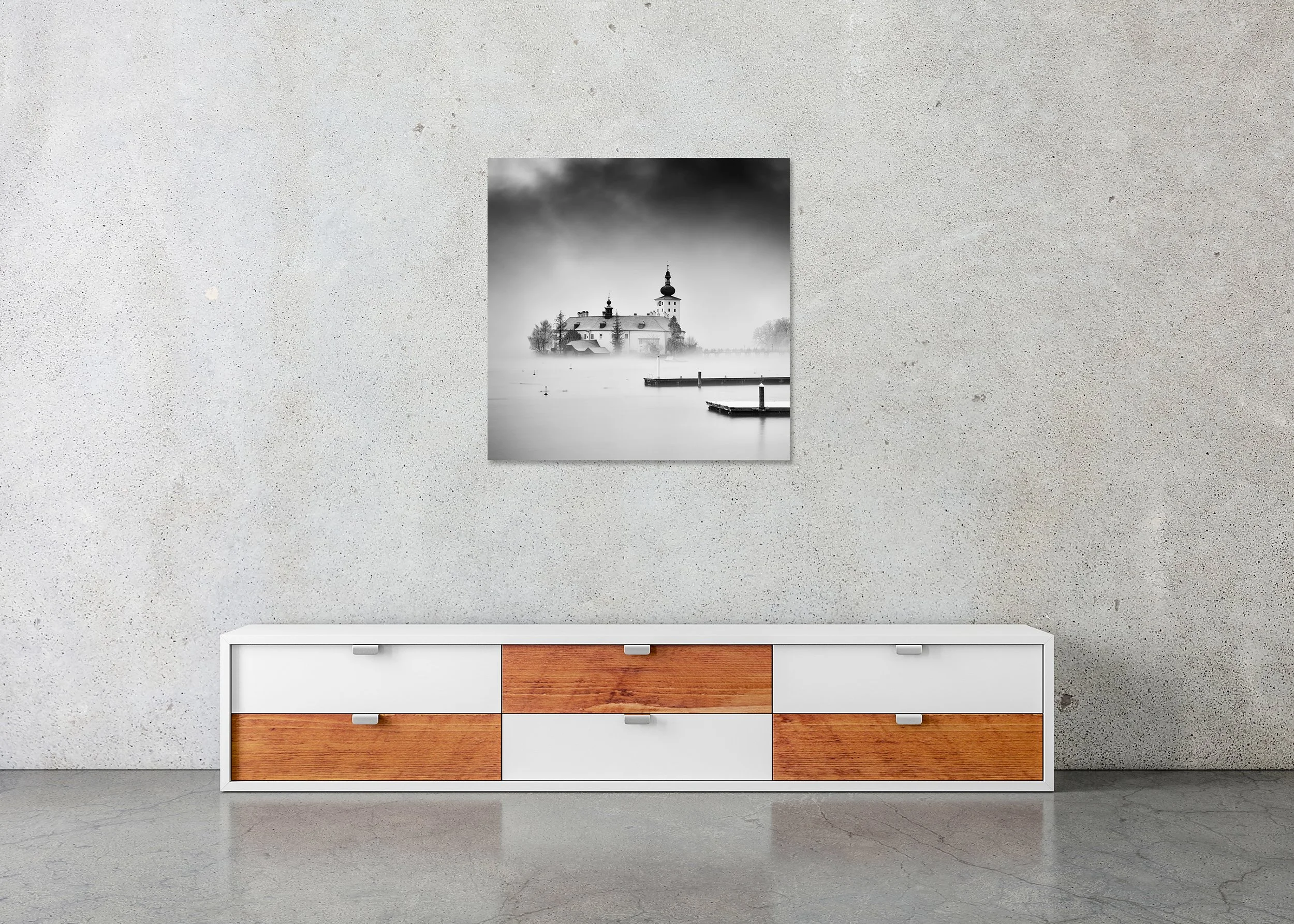 Seeschloss Ort castle on Traunsee in mist, Gmunden, Austria – panoramic fine art photo print mounted on Dibond, frameless