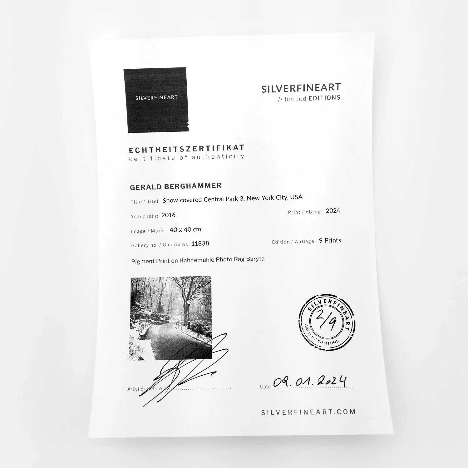 Signed and stamped Certificate of Authenticity for Snow-Covered Central Park Study 3, edition 2/9 – Gerald Berghammer.