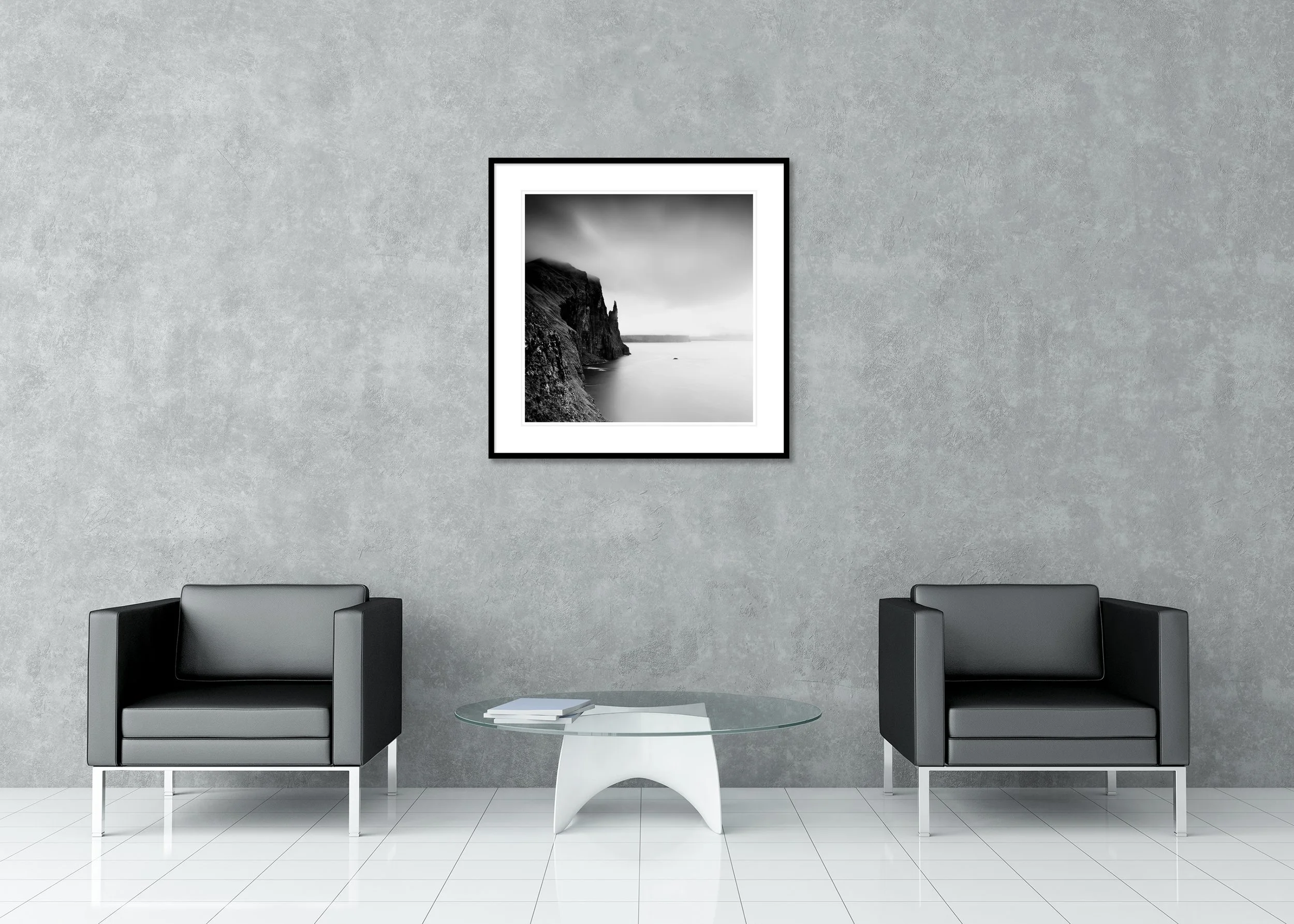 Trøllkonufingur Monolith Study 1 displayed in a modern interior as an archival pigment print in an aluminium frame with white mount by Gerald Berghammer.