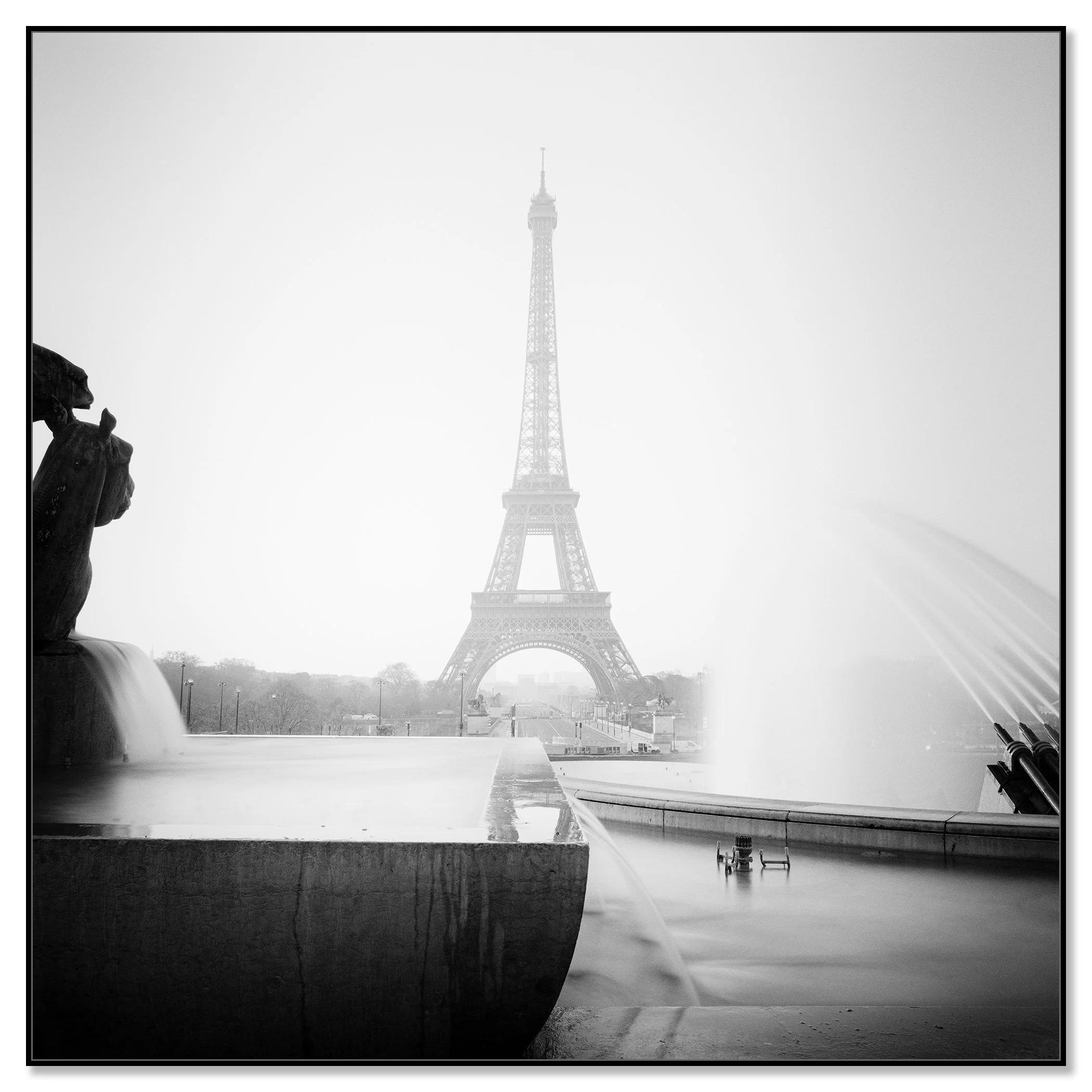 Eiffel Tower Study 3, Paris – black-and-white Dibond photograph in a black aluminium ArtBox frame
