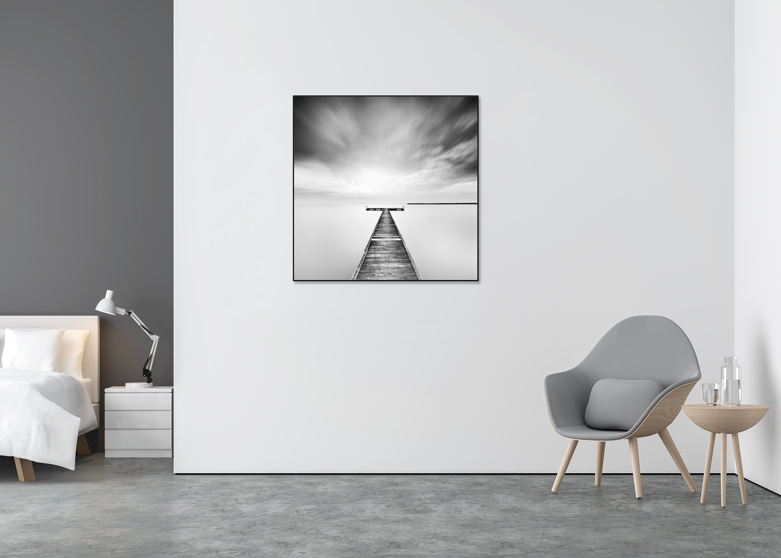 Winter Storm displayed in a minimalist interior, mounted on aluminium Dibond in a black ArtBox frame by Gerald Berghammer.
