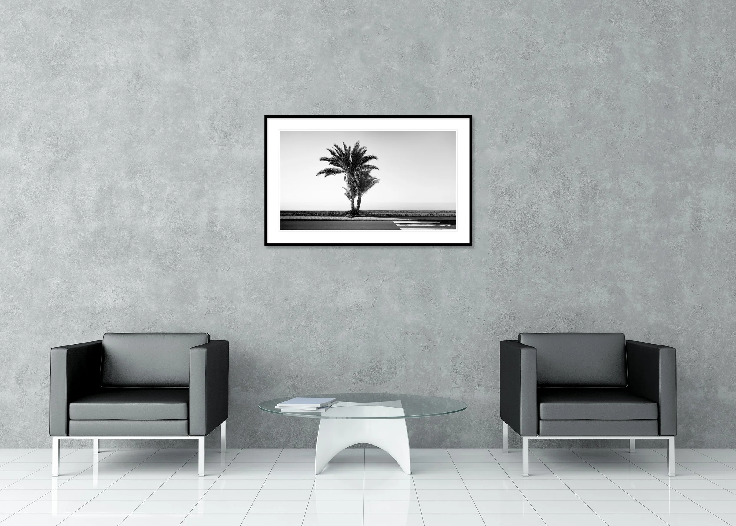 Palm Tree on the Roadside Study 2 by Gerald Berghammer, black-and-white fine art print in a black aluminium frame with white mount displayed in a modern interior.
