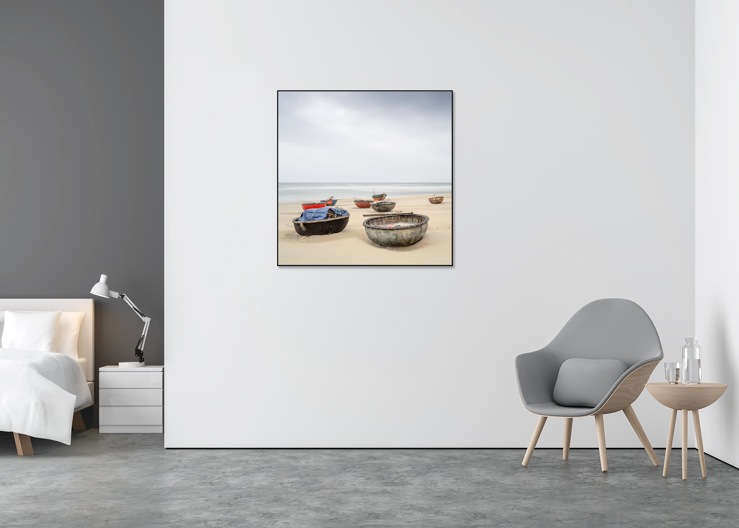 Coconut Boat Study 1 displayed in a modern interior, mounted on aluminium Dibond in a black ArtBox frame. Photo by Gerald Berghammer.