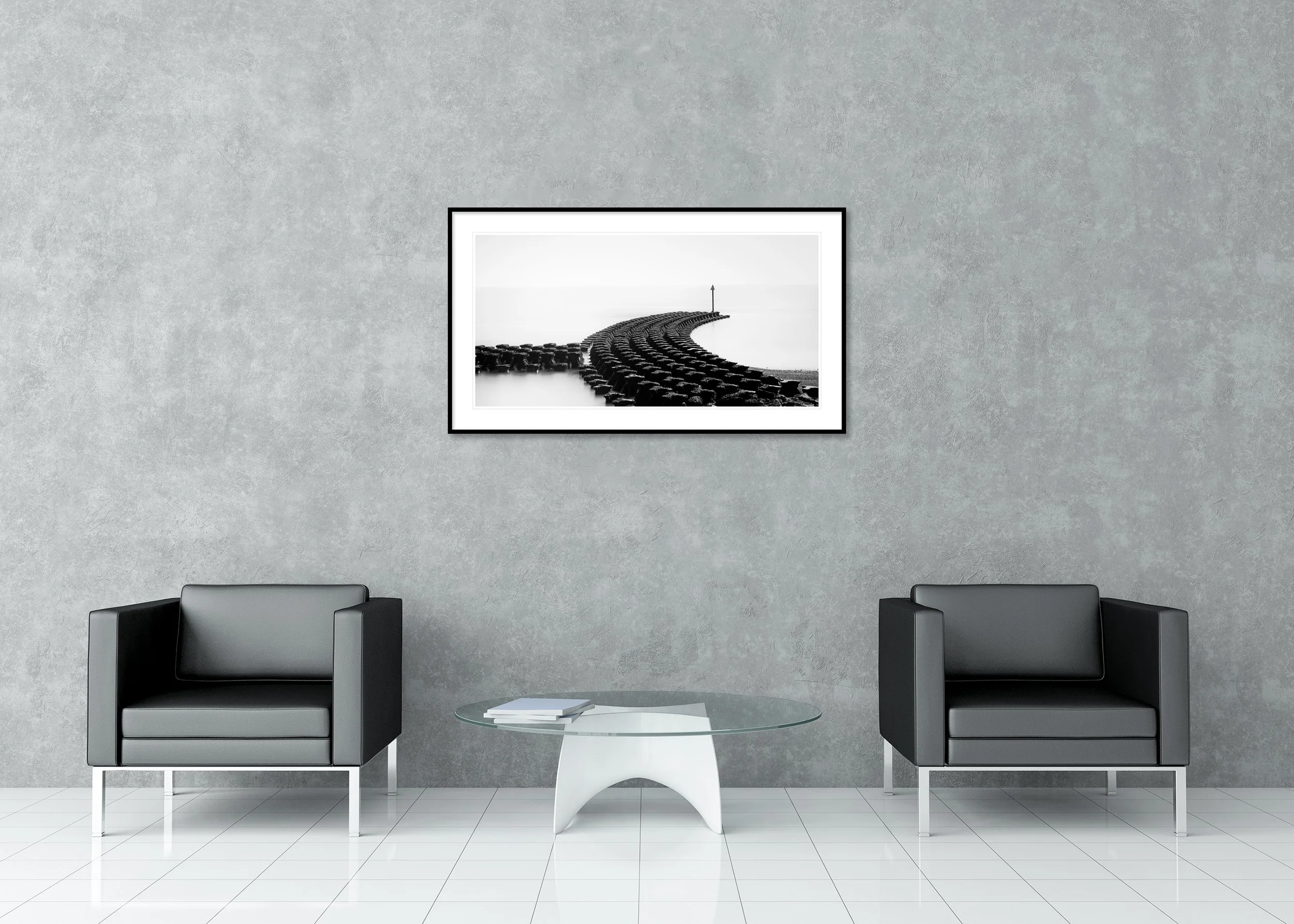 Cobbolds Point Panorama Study 2 displayed in a modern interior as an archival pigment print in an aluminium frame with a white mount. Photo by Gerald Berghammer.