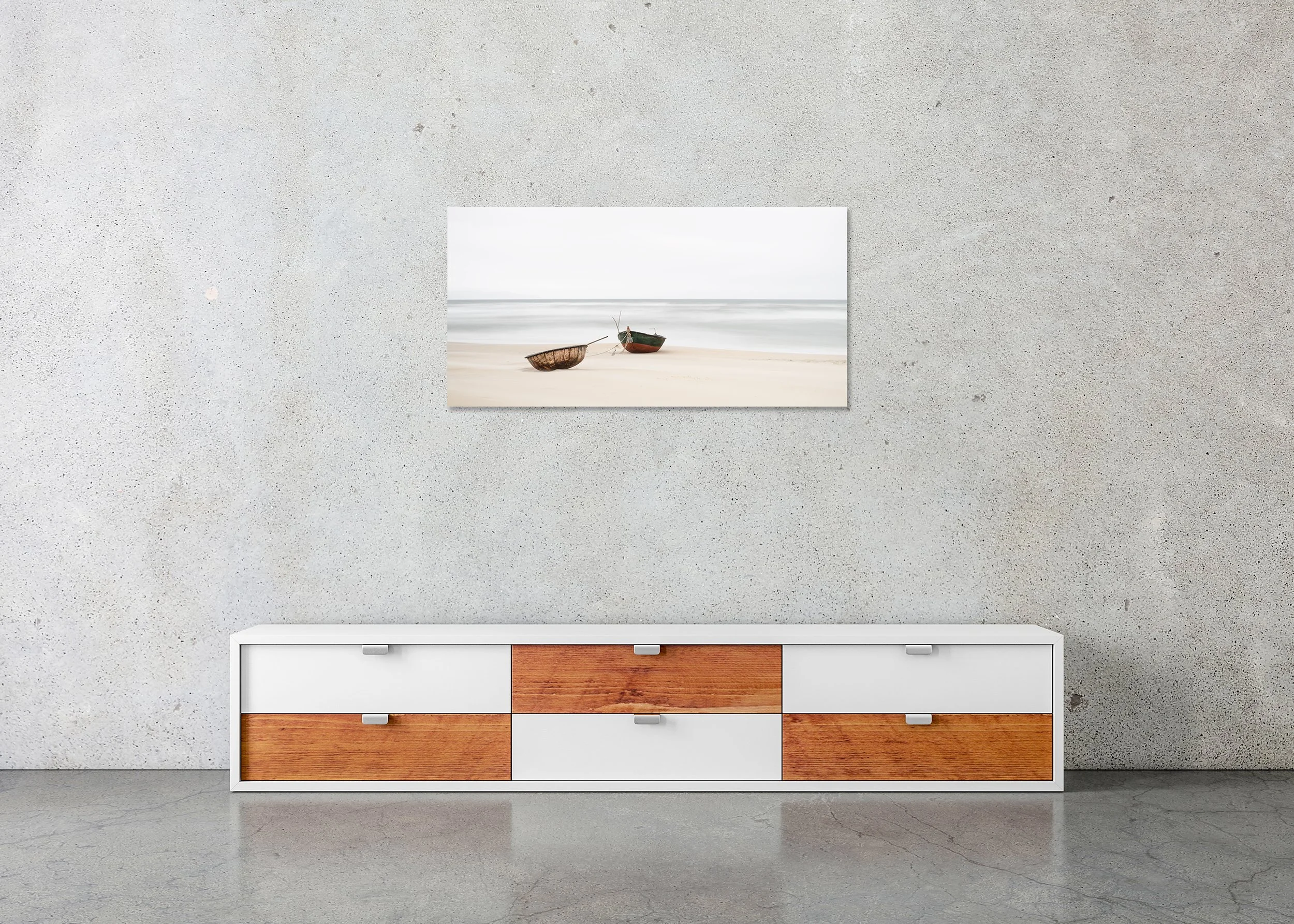 Two old boats on an empty shoreline with calm water and a bright grey sky, photo print mounted to Dibond, frameless.