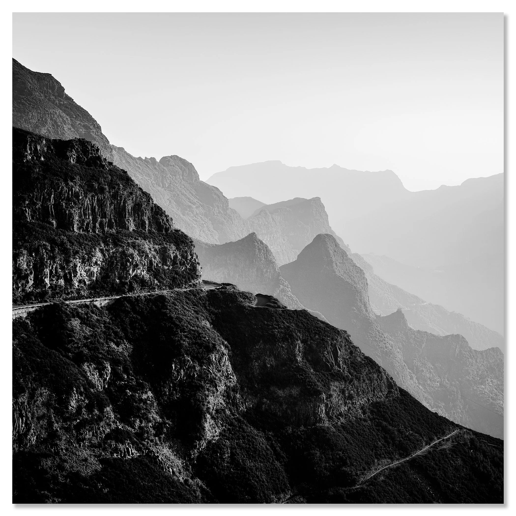 Madeira Peaks Study 1 by Gerald Berghammer, frameless black-and-white fine art photograph of Madeira's mountains mounted on aluminium Dibond.