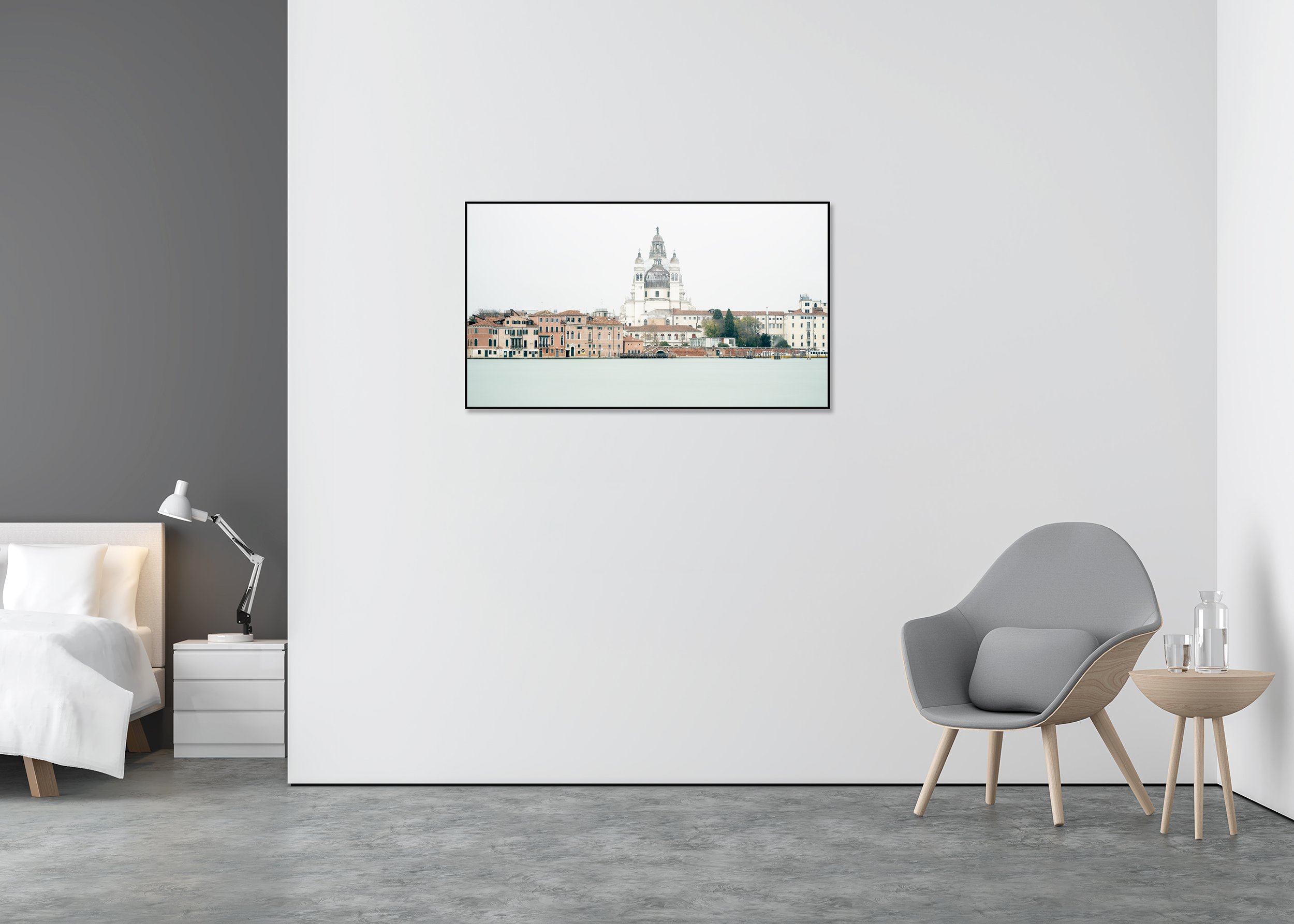 View of Venice, Panorama Study 4 – colour photograph in a black aluminium ArtBox displayed in a minimalist bedroom. Photo by Gerald Berghammer.