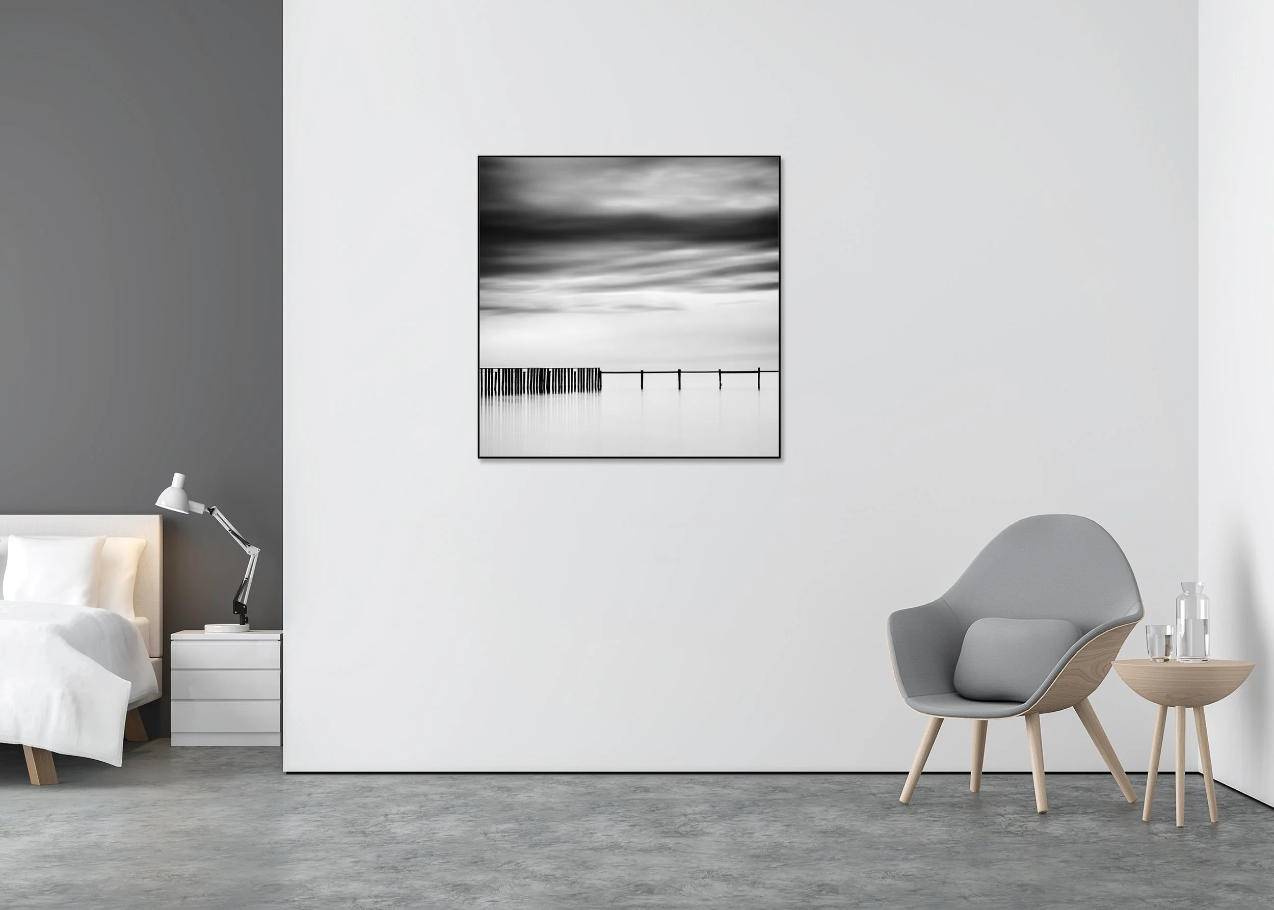 Swimming Area, Study 2 – black-and-white Dibond print in a black aluminium ArtBox displayed in a minimalist bedroom.